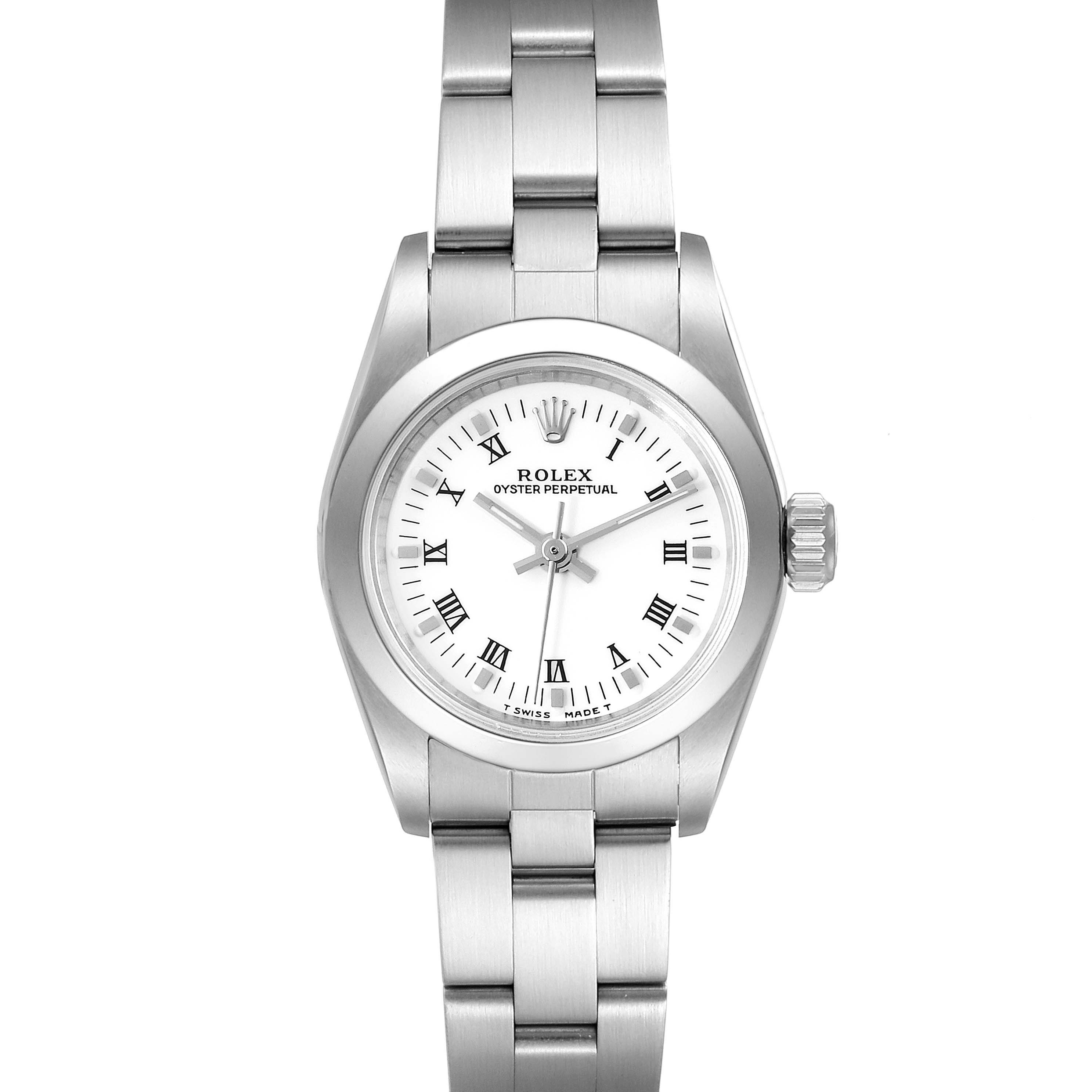 This image shows a front view of a Rolex Oyster Perpetual 67180 Women's Stainless Steel White Dial 67180 Women's Stainless Steel White Dial watch, highlighting the dial, hands, bracelet, and crown.