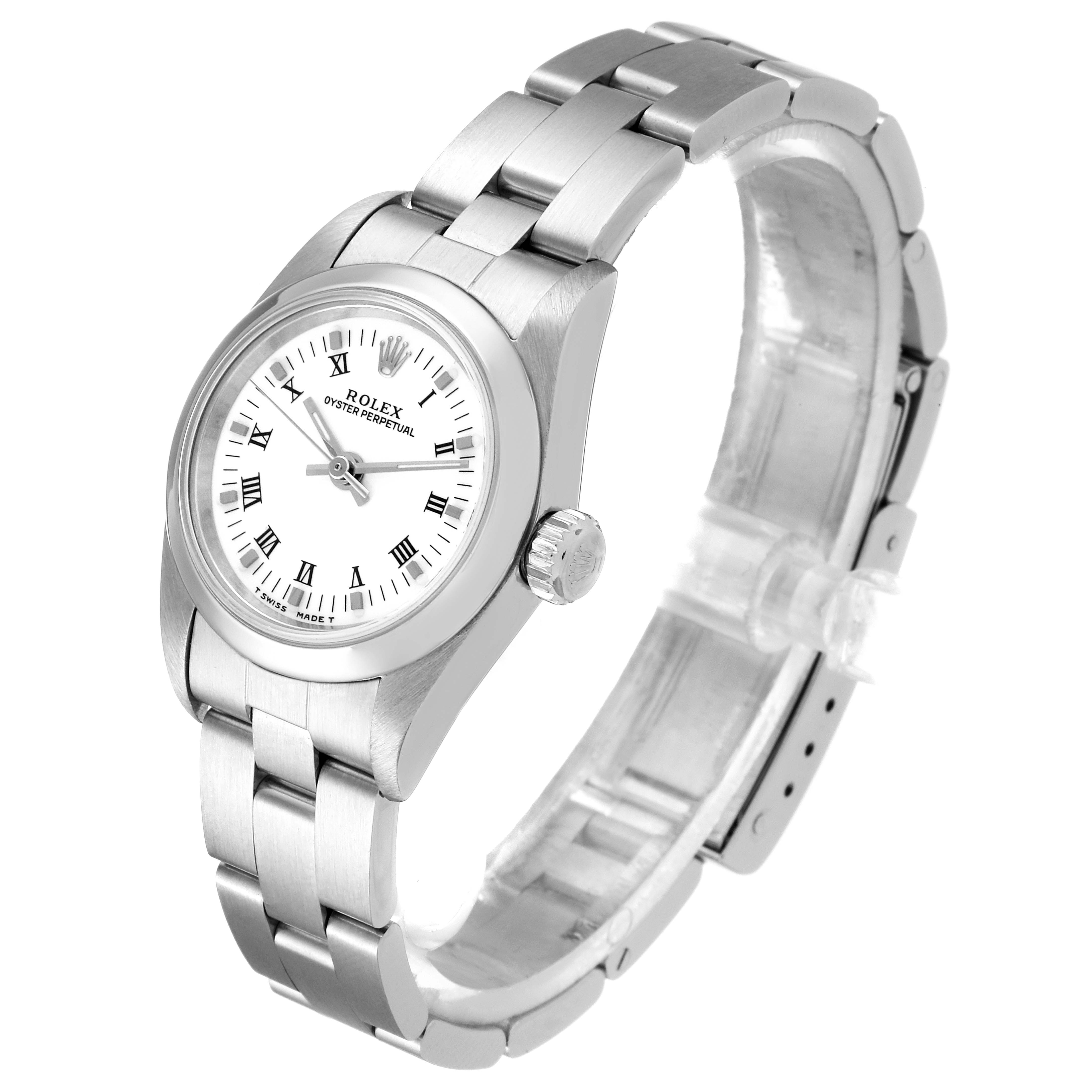 The Rolex Oyster Perpetual 67180 Women's Stainless Steel White Dial 67180 Women's Stainless Steel White Dial watch is shown from a front-right angle featuring the dial, bezel, case, and bracelet.