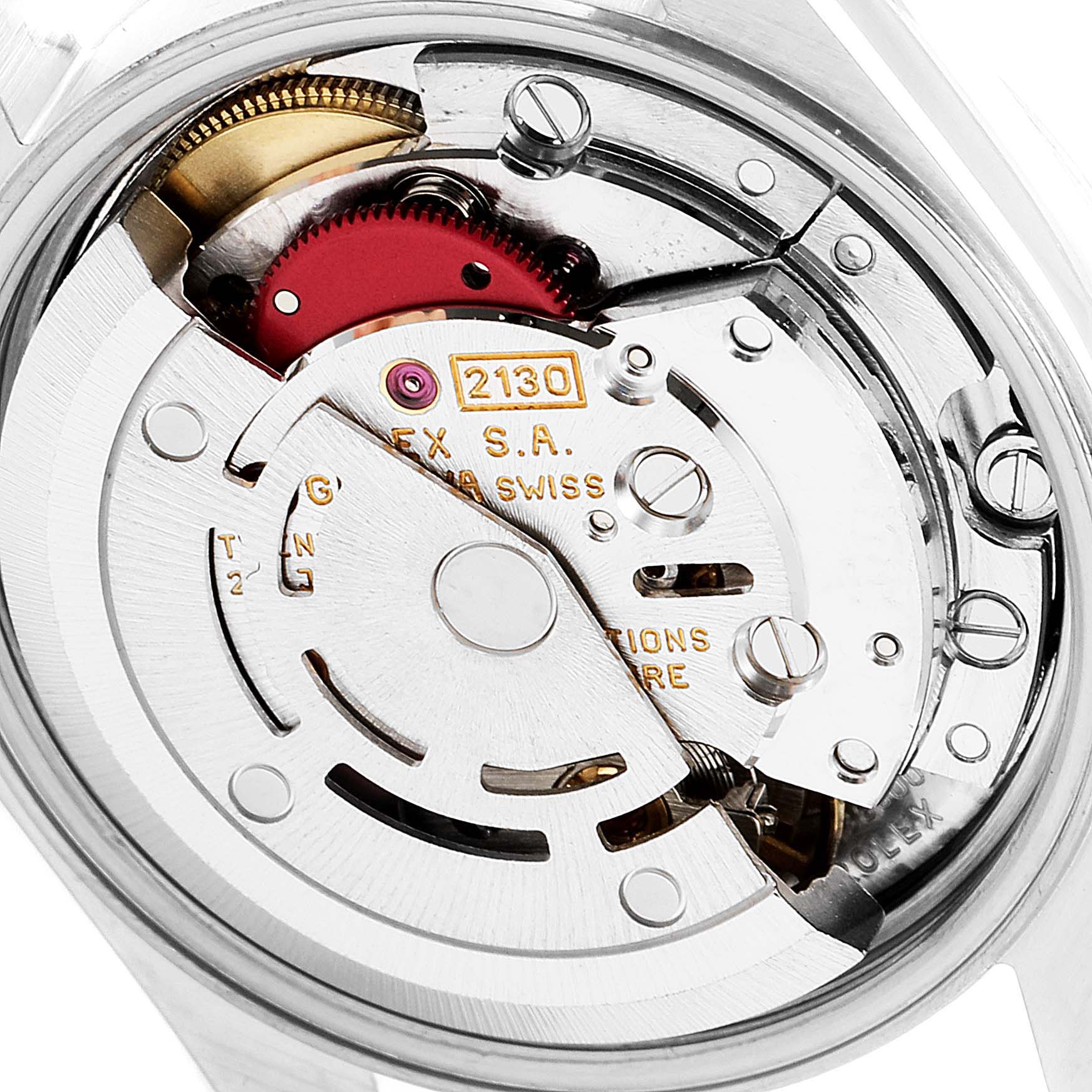 The image shows a close-up view of the intricate inner mechanical parts of the Rolex Oyster Perpetual 67180 Women's Stainless Steel White Dial 67180 Women's Stainless Steel White Dial watch.