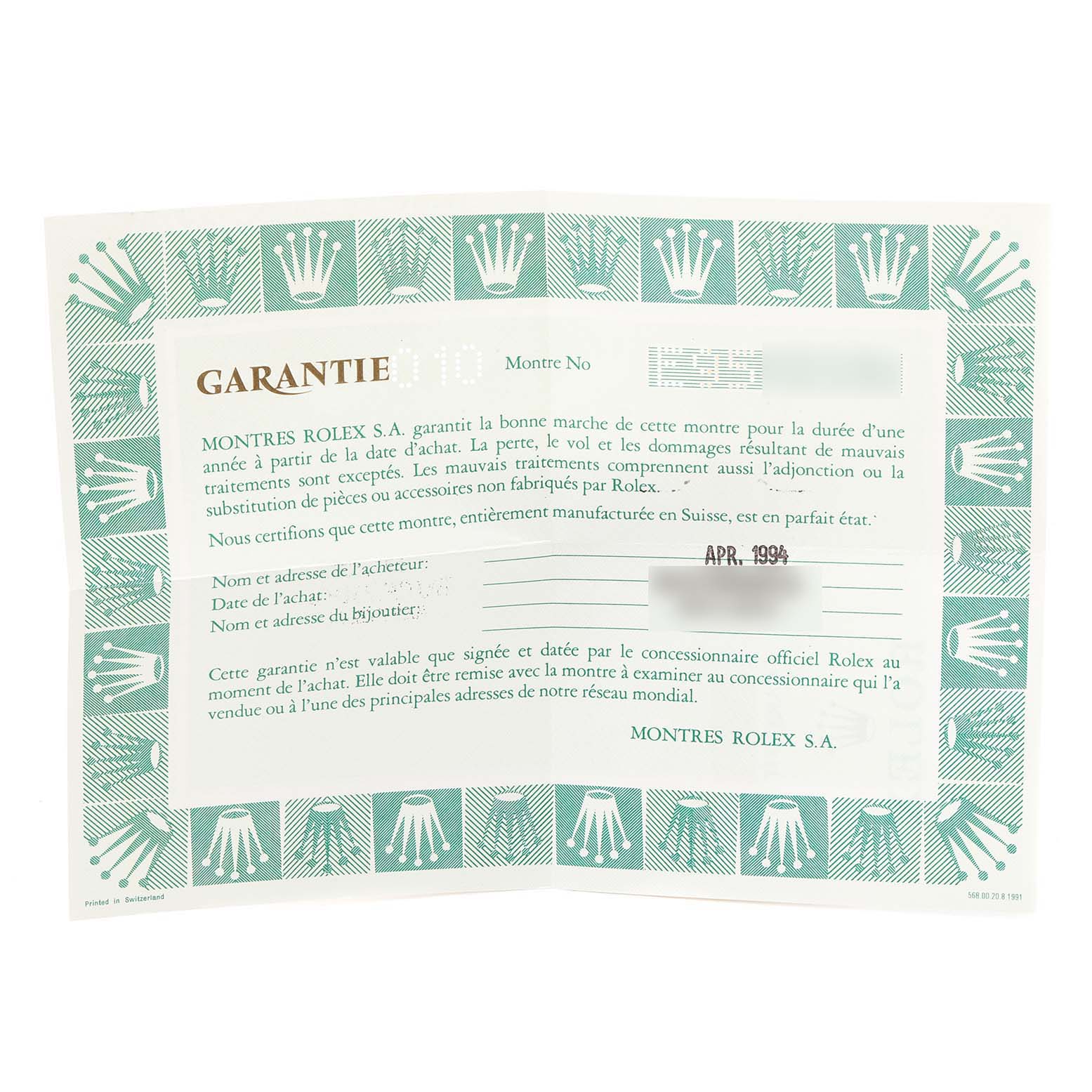 This is the warranty card for a Rolex Oyster Perpetual 67180 Women's Stainless Steel Black Dial 67180 Women's Stainless Steel Black Dial watch, showing the guarantee information.