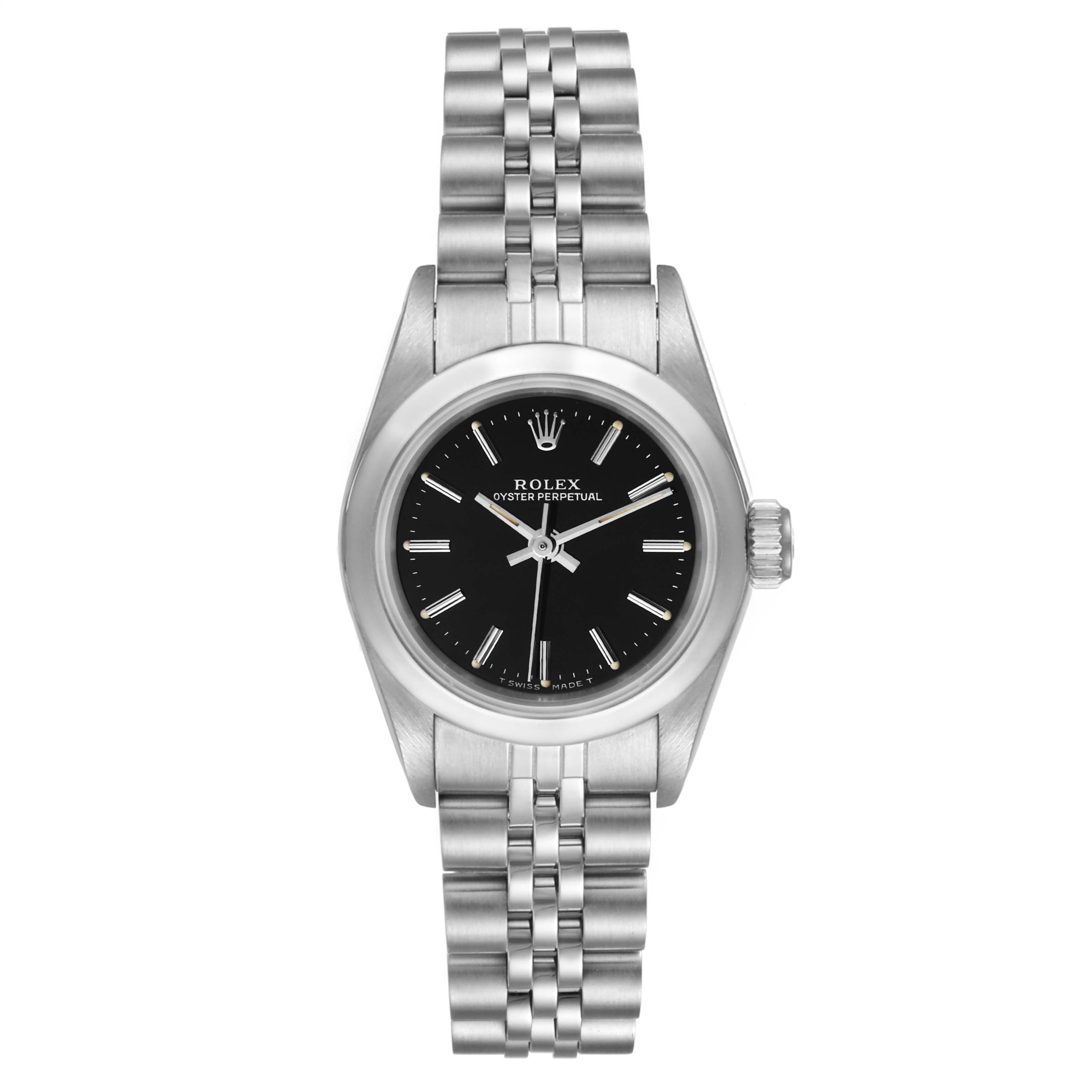 This is a top-down view of the Rolex Oyster Perpetual 67180 Women's Stainless Steel Black Dial 67180 Women's Stainless Steel Black Dial watch, showing the face, bezel, case, and bracelet.