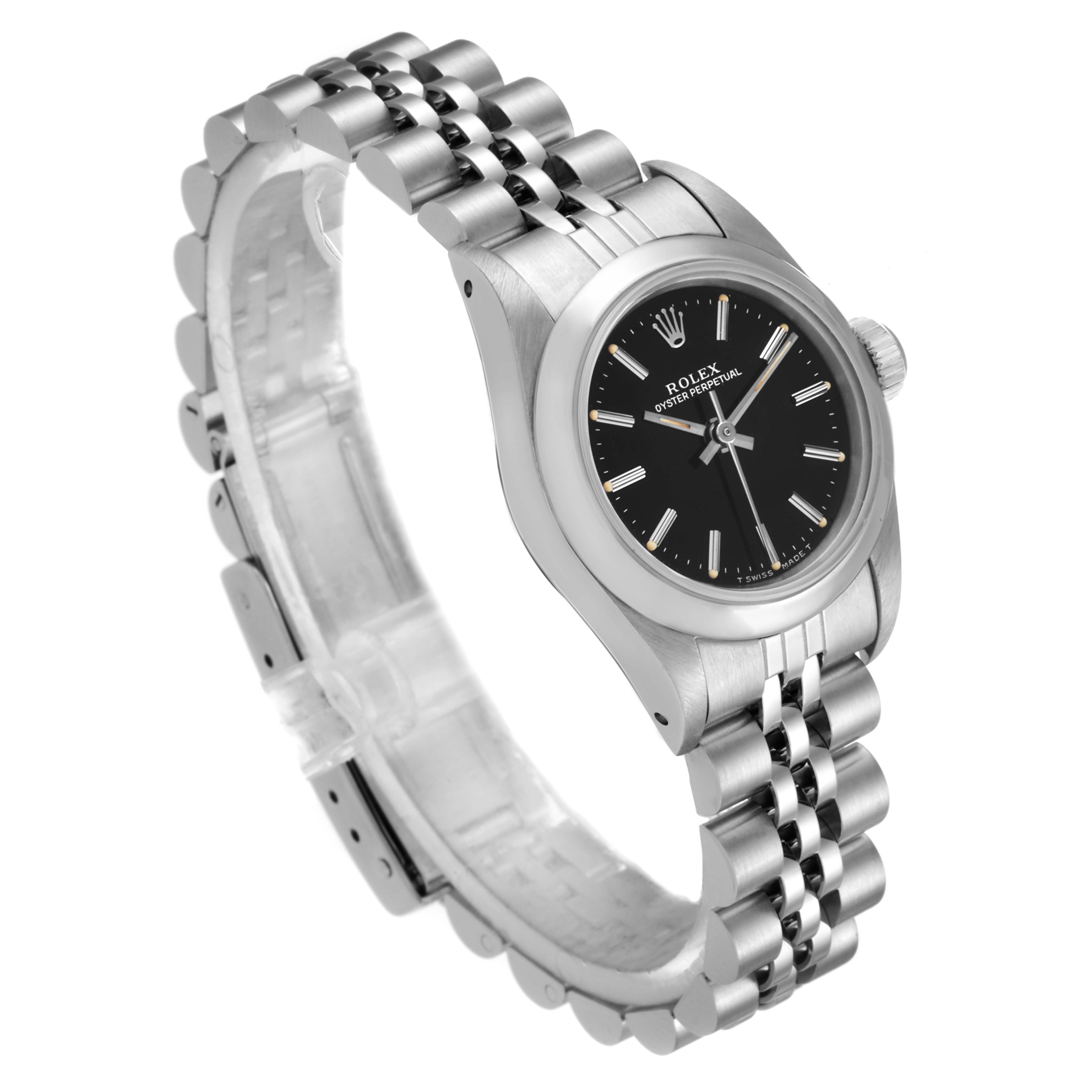 The image shows a Rolex Oyster Perpetual 67180 Women's Stainless Steel Black Dial 67180 Women's Stainless Steel Black Dial watch at a slight angle, highlighting its black dial and silver-tone bracelet.