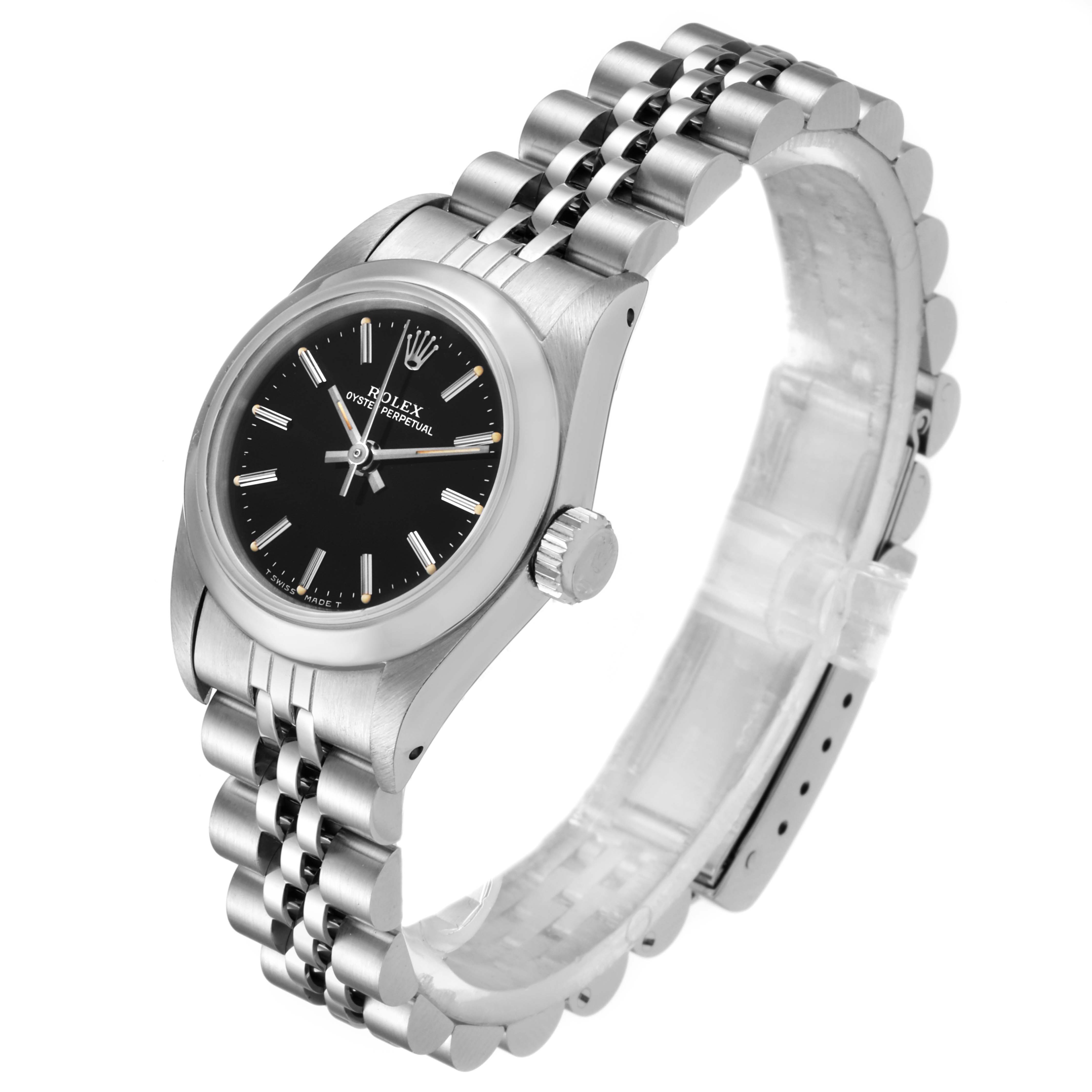 The image shows a Rolex Oyster Perpetual 67180 Women's Stainless Steel Black Dial 67180 Women's Stainless Steel Black Dial watch, angled to display the face, bezel, crown, and bracelet.