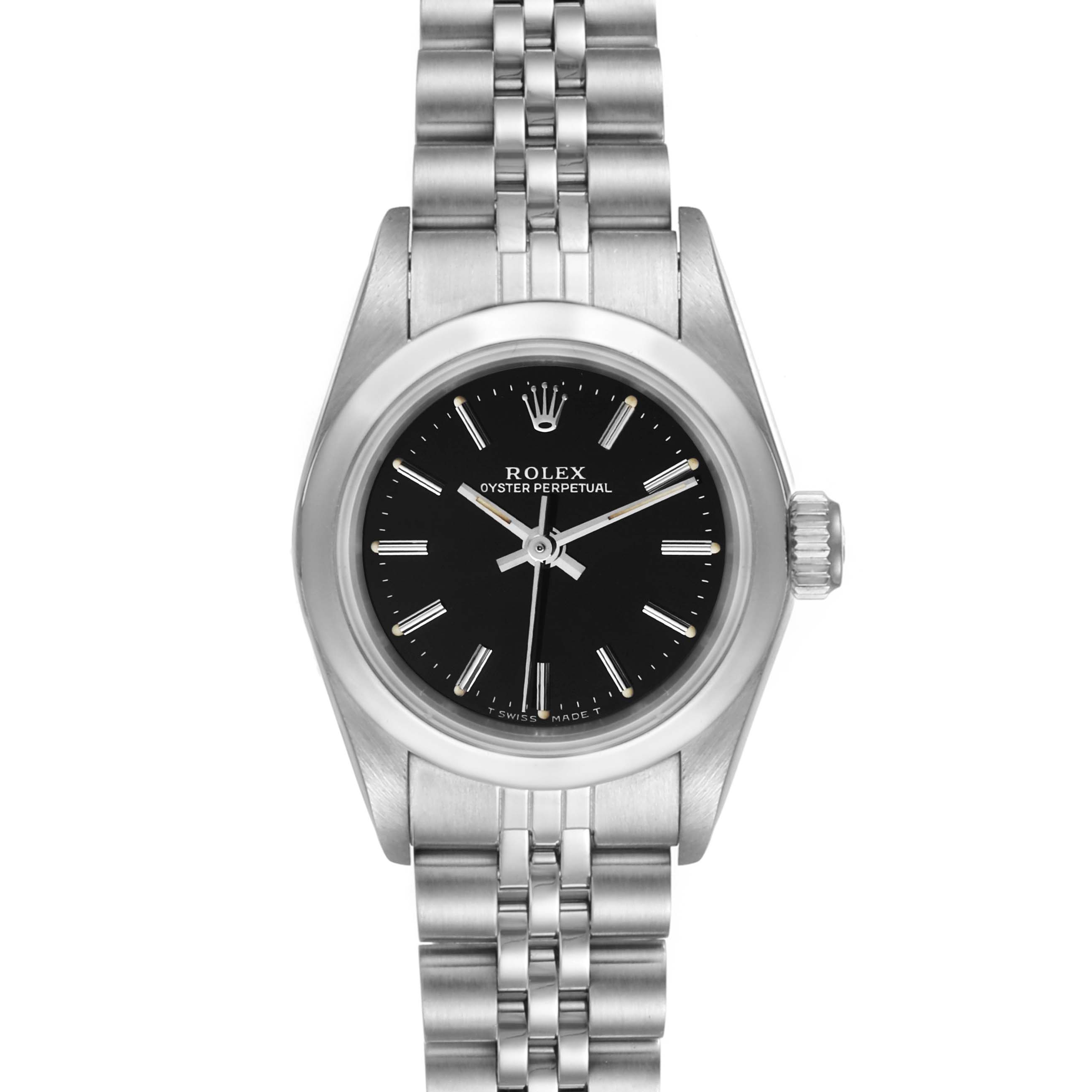 The image shows a front view of the Rolex Oyster Perpetual 67180 Women's Stainless Steel Black Dial 67180 Women's Stainless Steel Black Dial watch, highlighting the face, bezel, and bracelet.