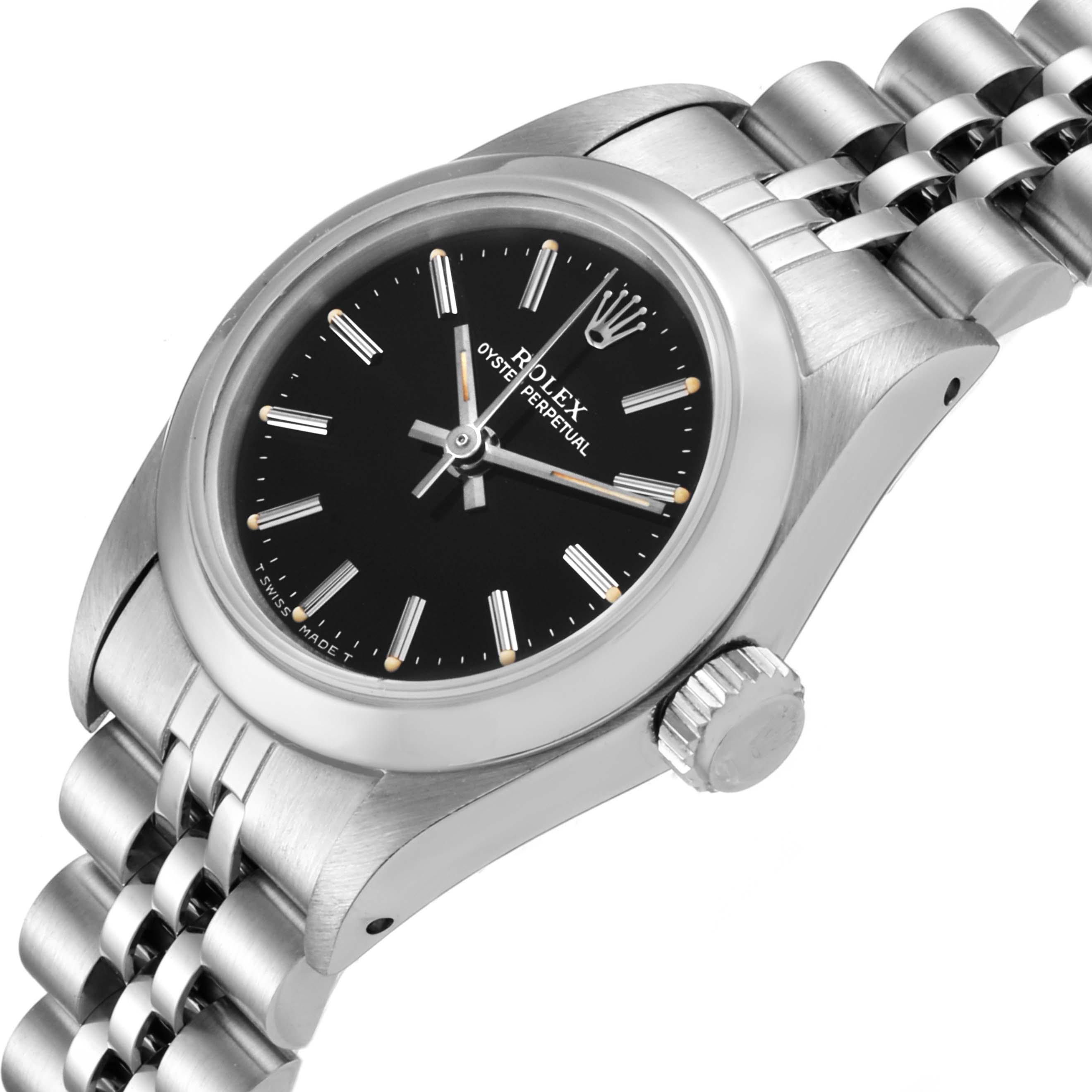 The image shows a close-up, angled view of a Rolex Oyster Perpetual 67180 Women's Stainless Steel Black Dial 67180 Women's Stainless Steel Black Dial watch highlighting its dial, bezel, case, and part of the bracelet.