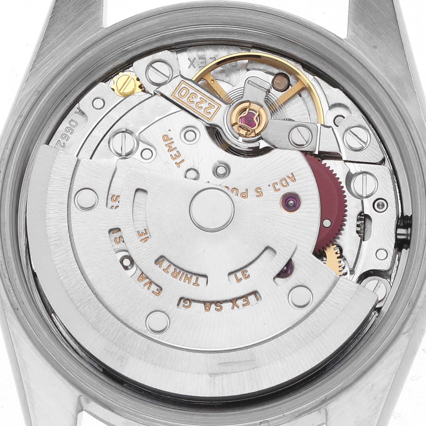 The image shows the movement of a Rolex Oyster Perpetual 76094 Women's Stainless Steel Silver Dial 76094 Women's Stainless Steel Silver Dial watch from the rear, featuring gears and the rotor.