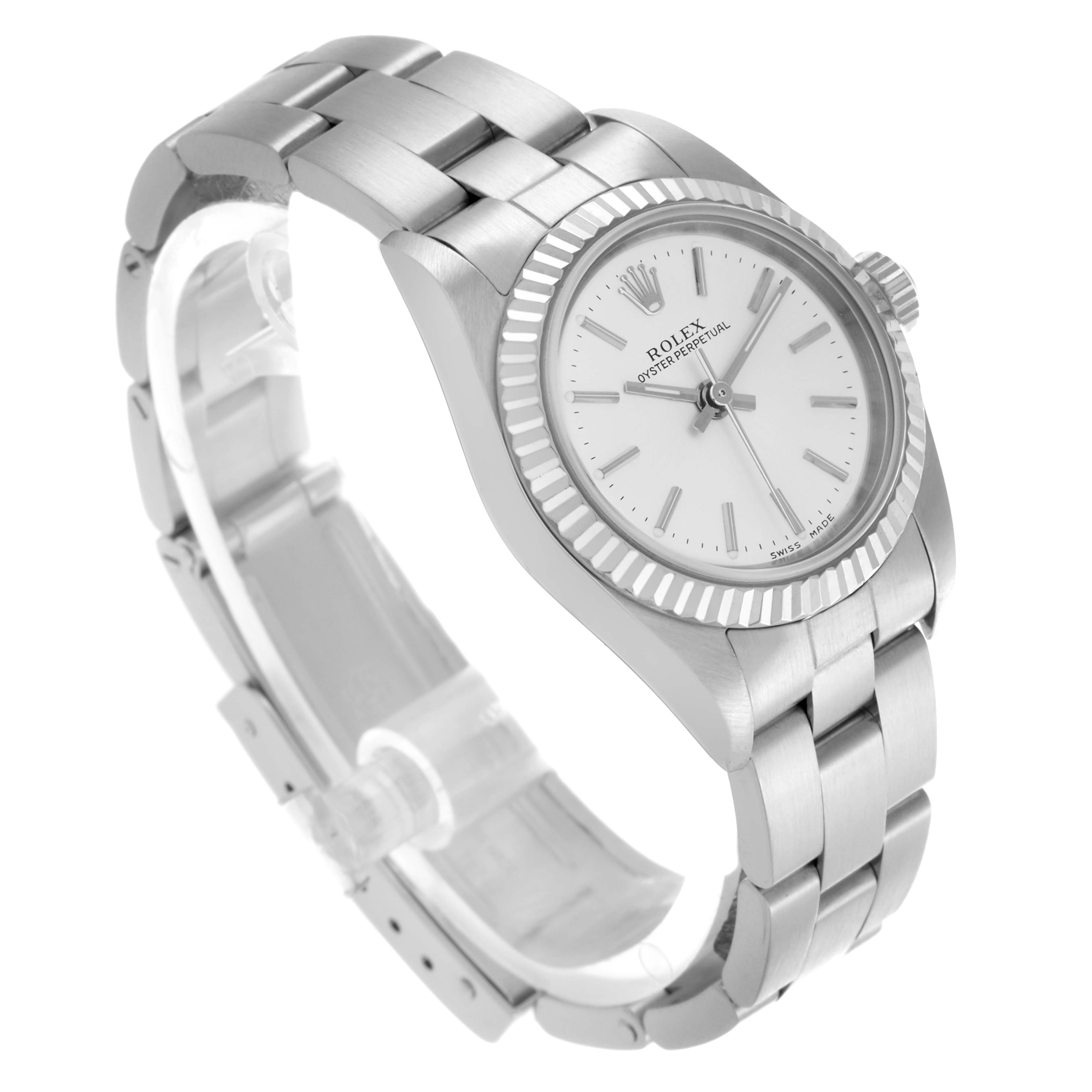 The Rolex Oyster Perpetual 76094 Women's Stainless Steel Silver Dial 76094 Women's Stainless Steel Silver Dial watch is shown at a three-quarter angle, highlighting the bracelet, face, and fluted bezel.