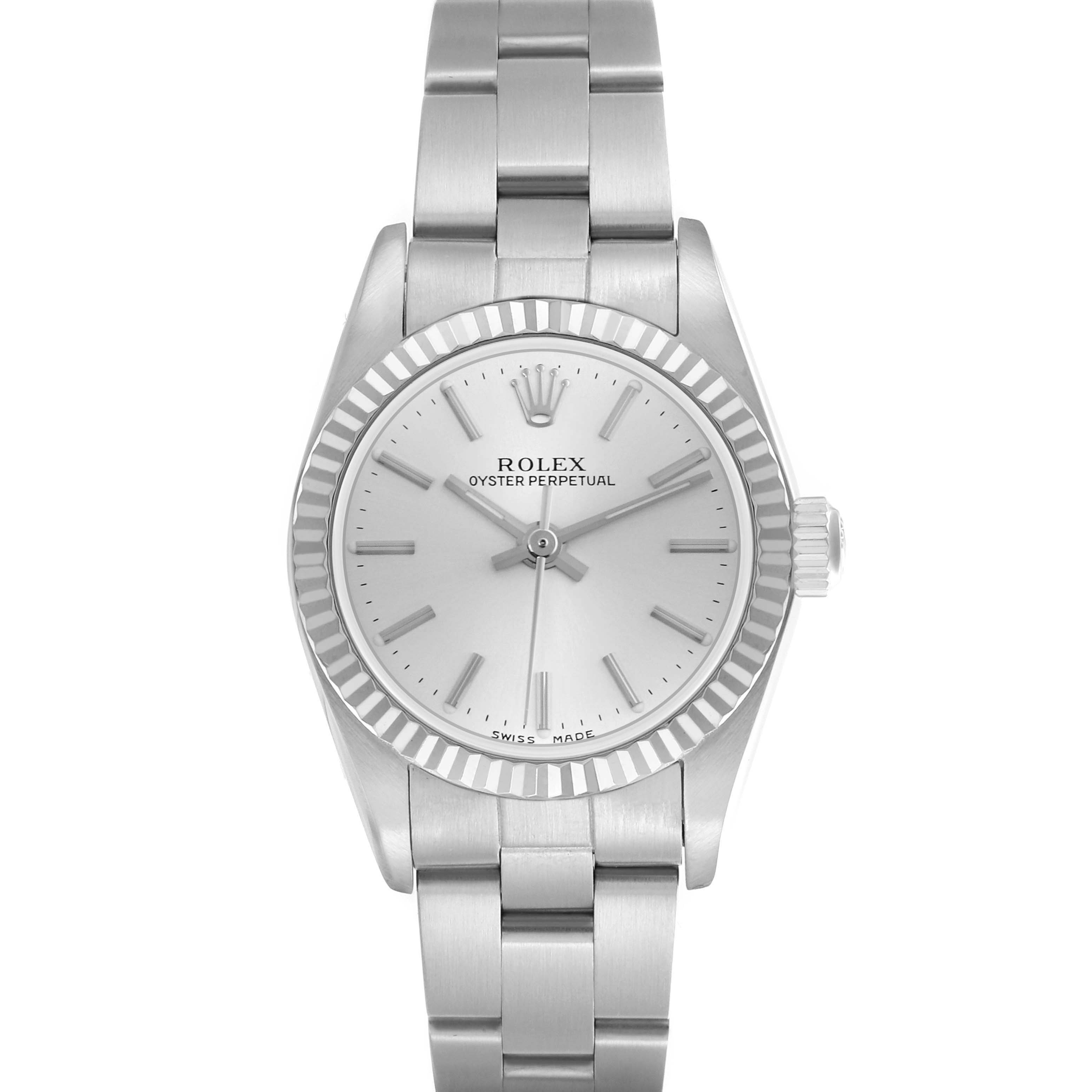The Rolex Oyster Perpetual 76094 Women's Stainless Steel Silver Dial 76094 Women's Stainless Steel Silver Dial watch is shown from a front angle, displaying the dial, bezel, crown, and bracelet.