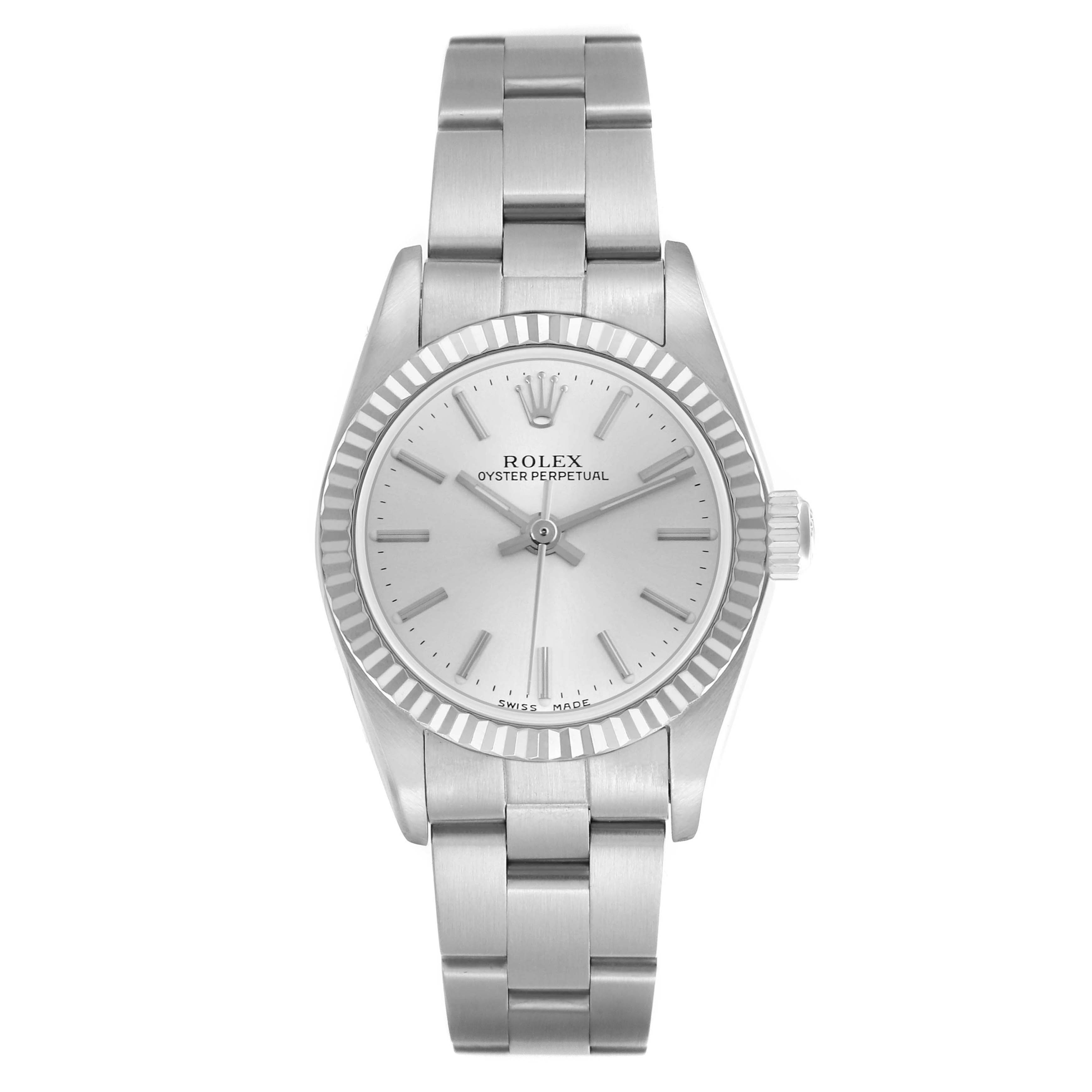 The Rolex Oyster Perpetual 76094 Women's Stainless Steel Silver Dial 76094 Women's Stainless Steel Silver Dial watch is shown from the front, displaying the dial, bezel, and bracelet fully.