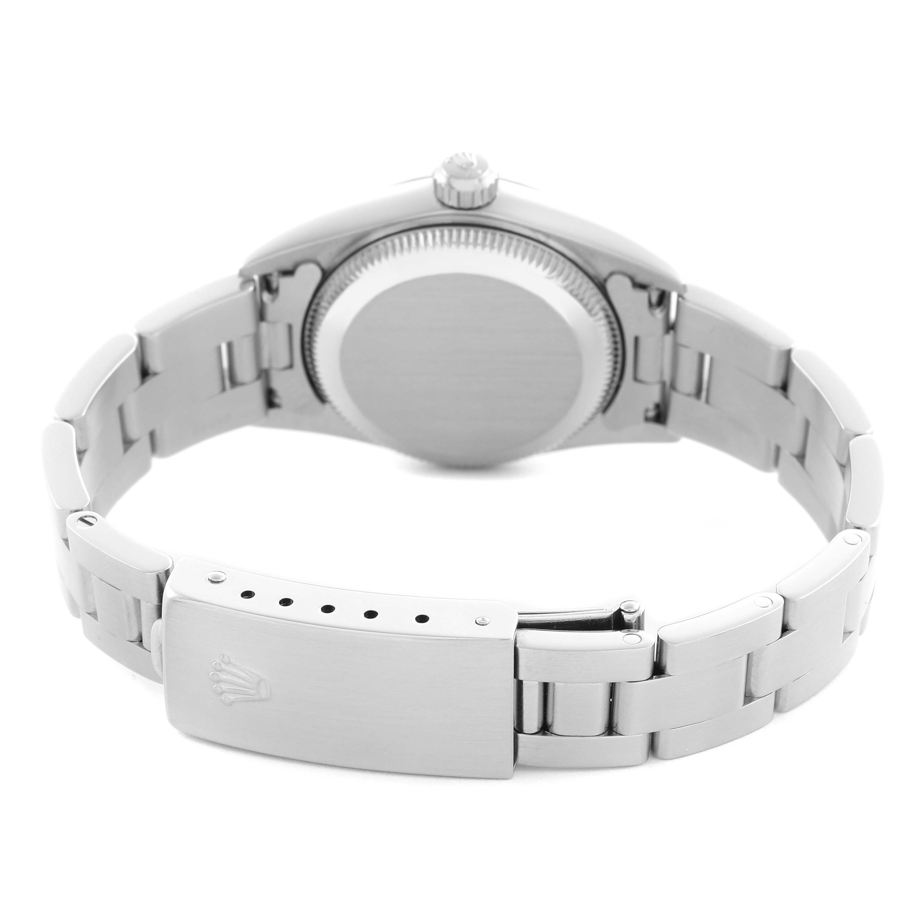 The image shows the back of a Rolex Oyster Perpetual 76094 Women's Stainless Steel Silver Dial 76094 Women's Stainless Steel Silver Dial watch, highlighting the case back, bracelet, and clasp.