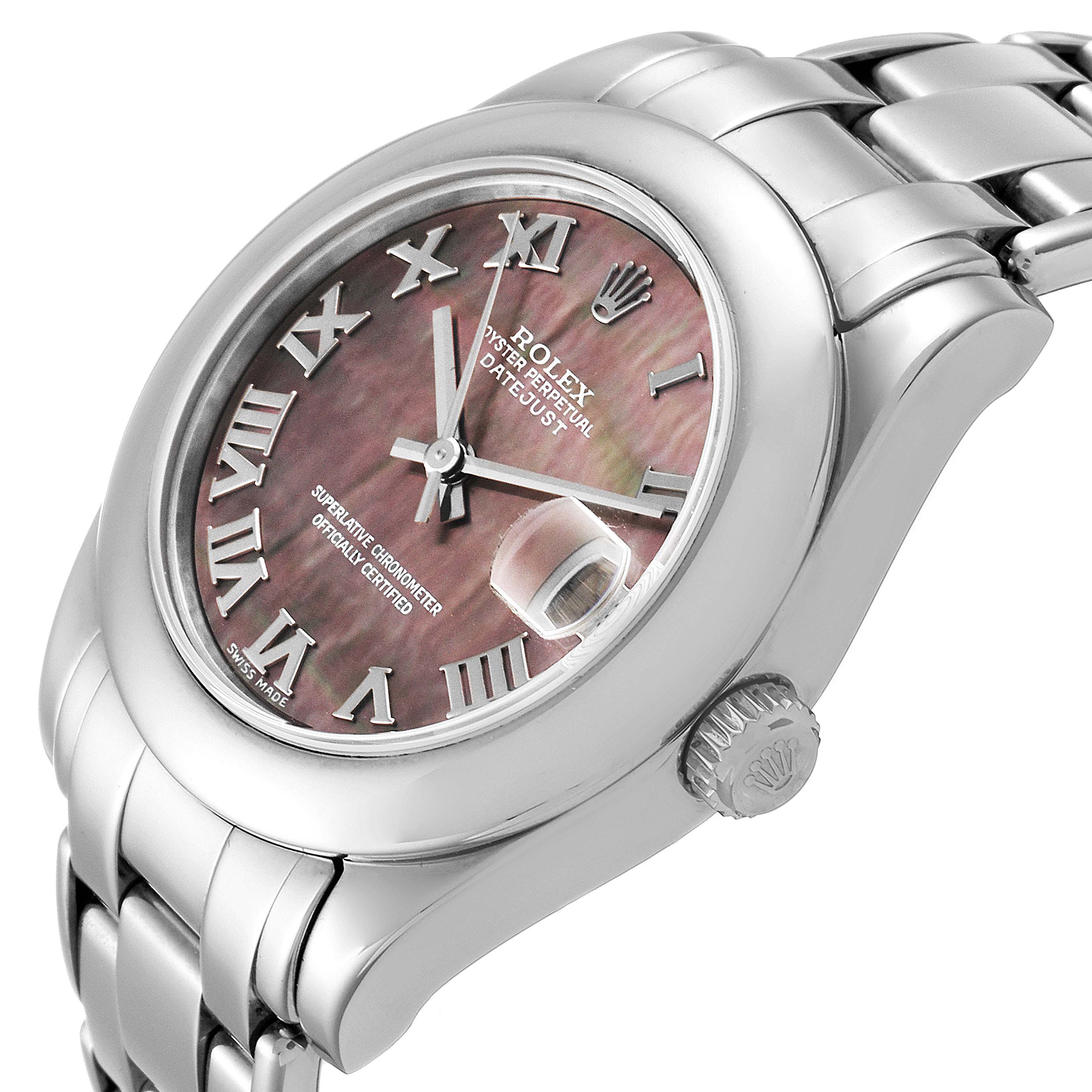 The Rolex Pearlmaster 81209 Women's White Gold Mother of Pearl Dial 81209 Women's White Gold Mother of Pearl Dial watch is shown at a slight side angle, displaying the dial, crown, and part of the bracelet.