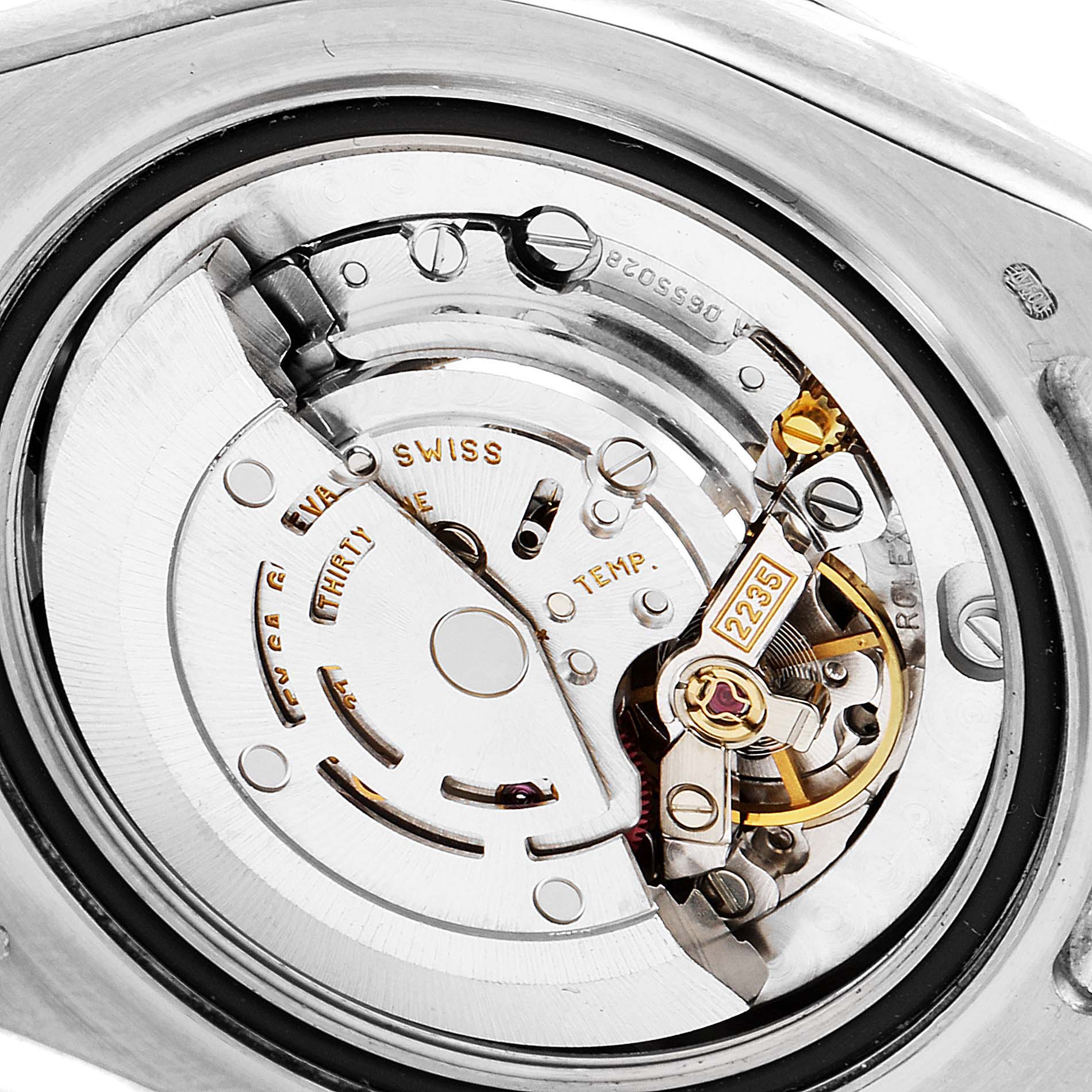 This image shows the inner mechanical movement components of the Rolex Pearlmaster 81209 Women's White Gold Mother of Pearl Dial 81209 Women's White Gold Mother of Pearl Dial watch at a close-up angle.