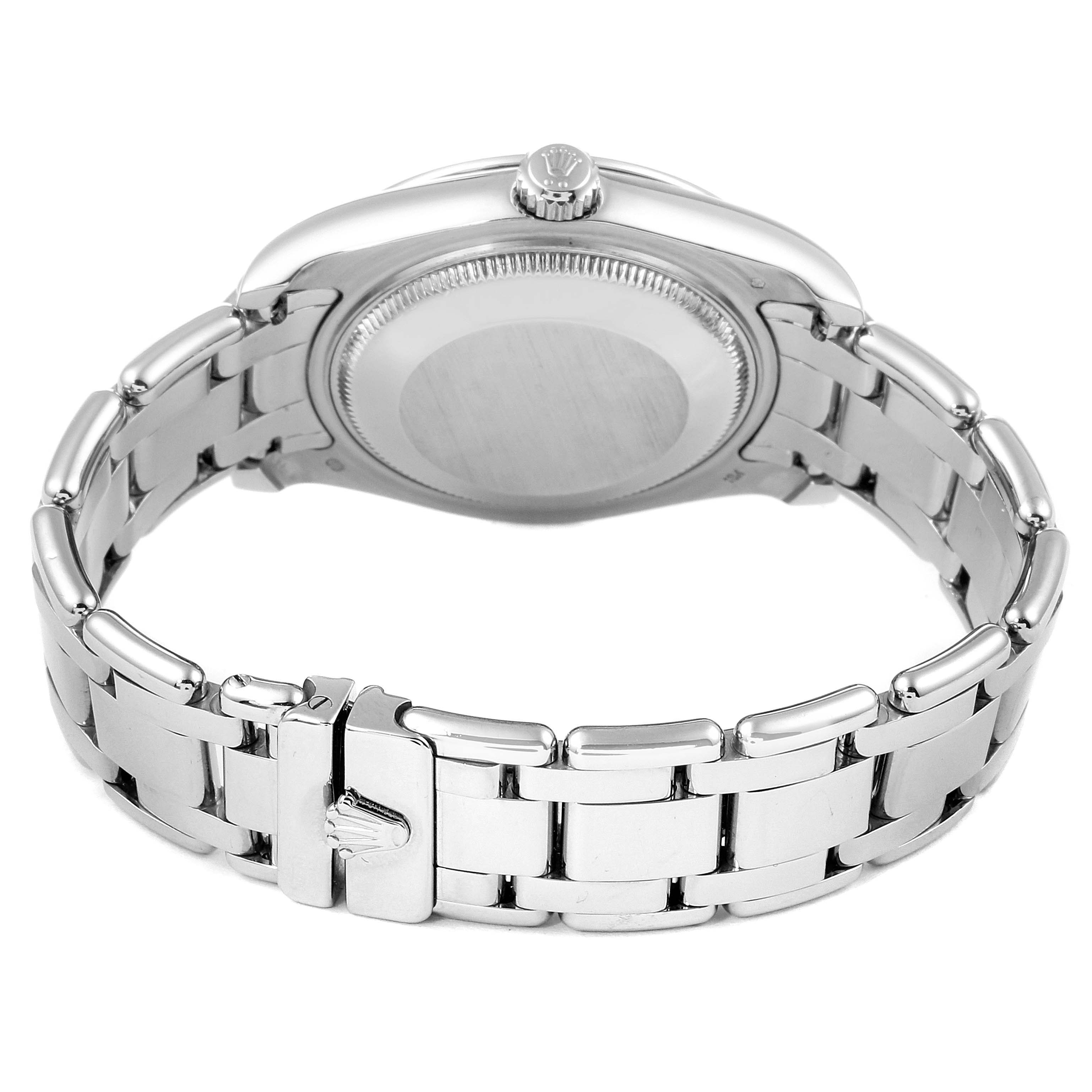 The image shows the backside and bracelet of a Rolex Pearlmaster 81209 Women's White Gold Mother of Pearl Dial 81209 Women's White Gold Mother of Pearl Dial watch, focusing on the clasp and crown.