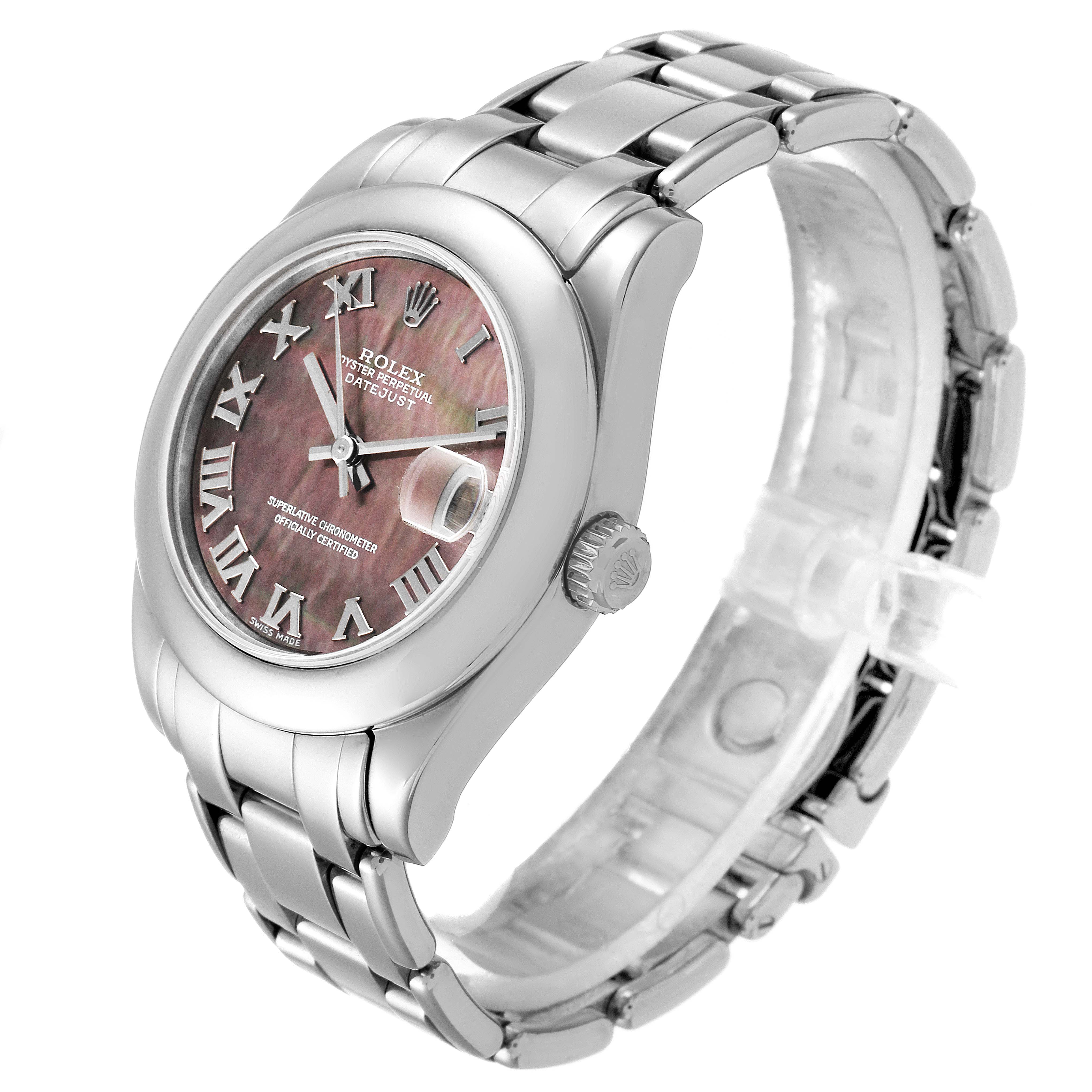 The image shows a Rolex Pearlmaster 81209 Women's White Gold Mother of Pearl Dial 81209 Women's White Gold Mother of Pearl Dial watch from a side angle, showcasing its face, bezel, crown, and bracelet.