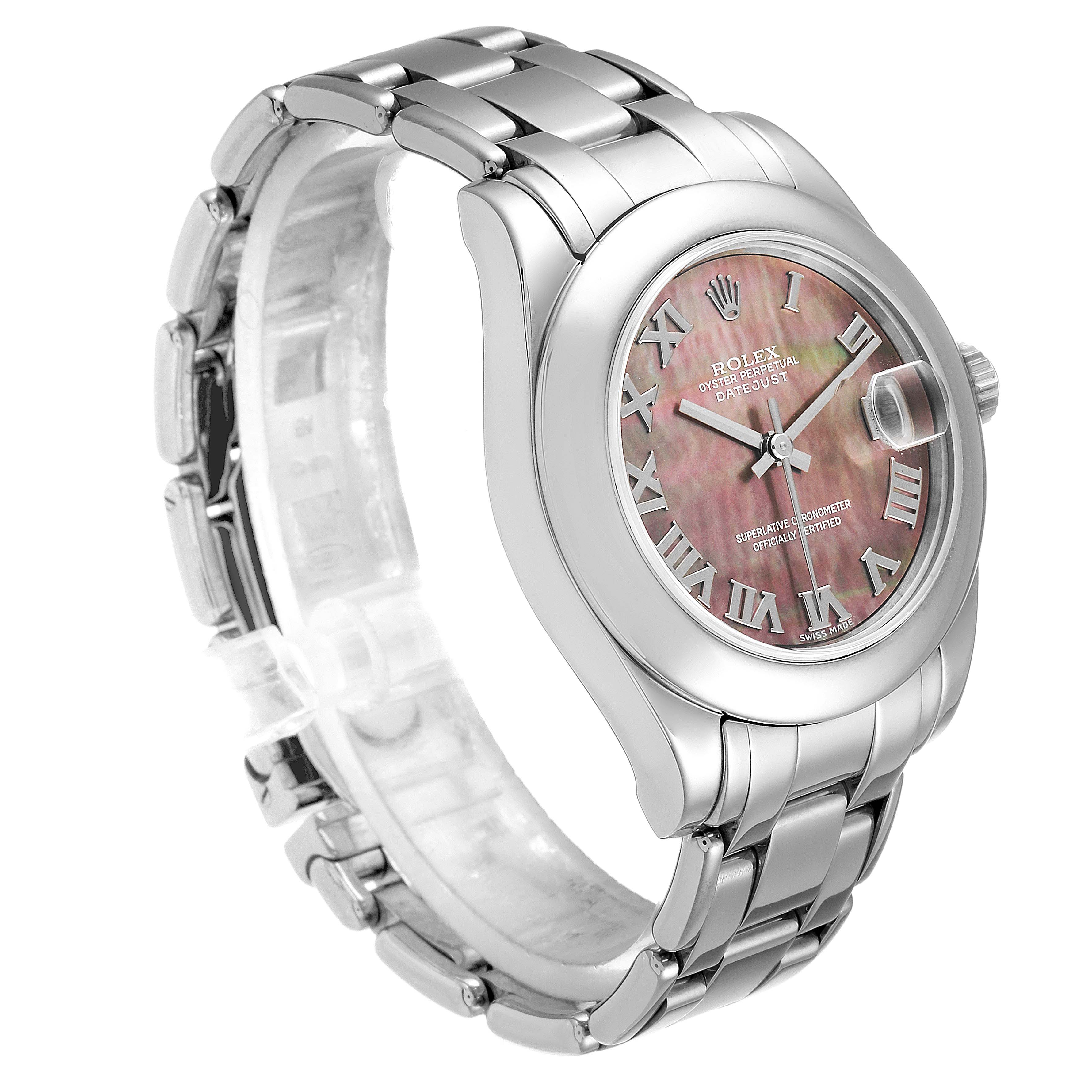 The Rolex Pearlmaster 81209 Women's White Gold Mother of Pearl Dial 81209 Women's White Gold Mother of Pearl Dial watch is shown at a three-quarter angle, displaying its metal bracelet, case, and pink dial with Roman numerals.
