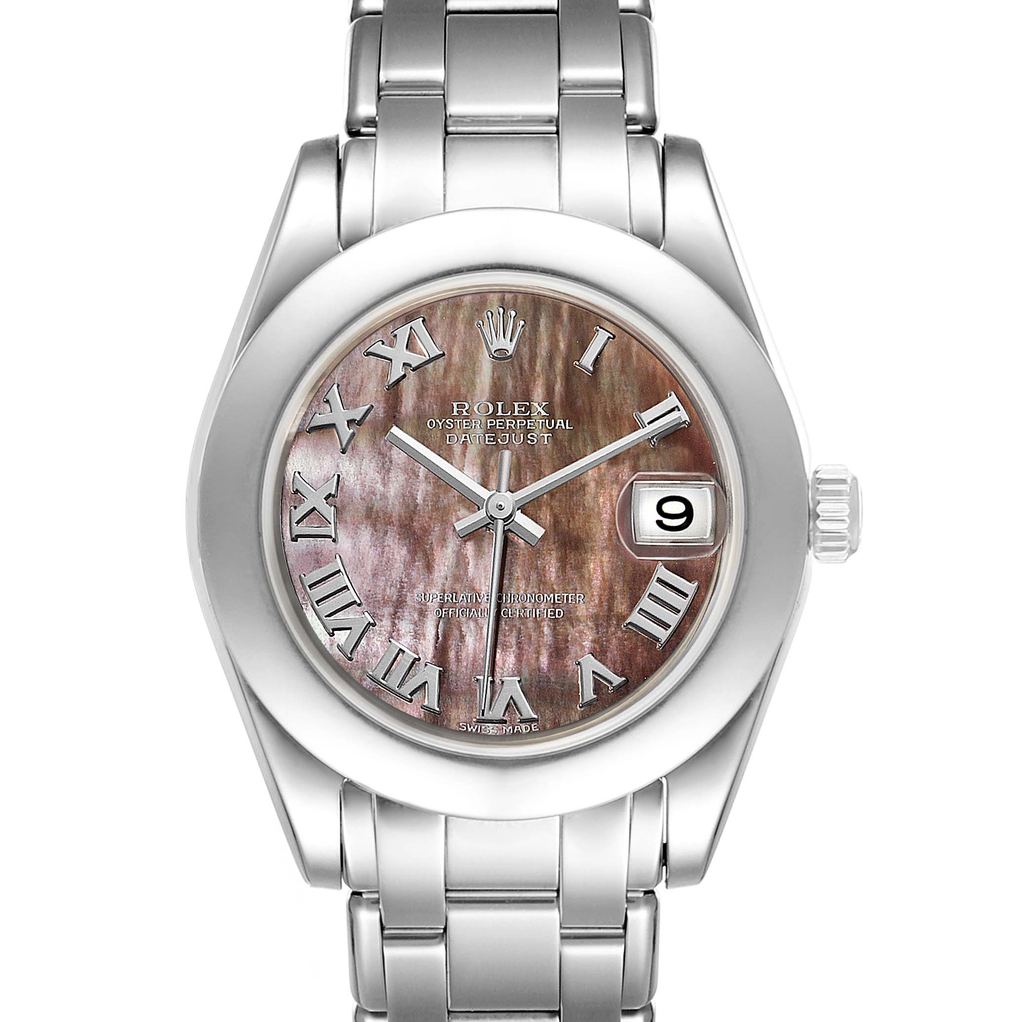 This image shows a front view of the Rolex Pearlmaster 81209 Women's White Gold Mother of Pearl Dial 81209 Women's White Gold Mother of Pearl Dial watch, highlighting its face, dial, and band.