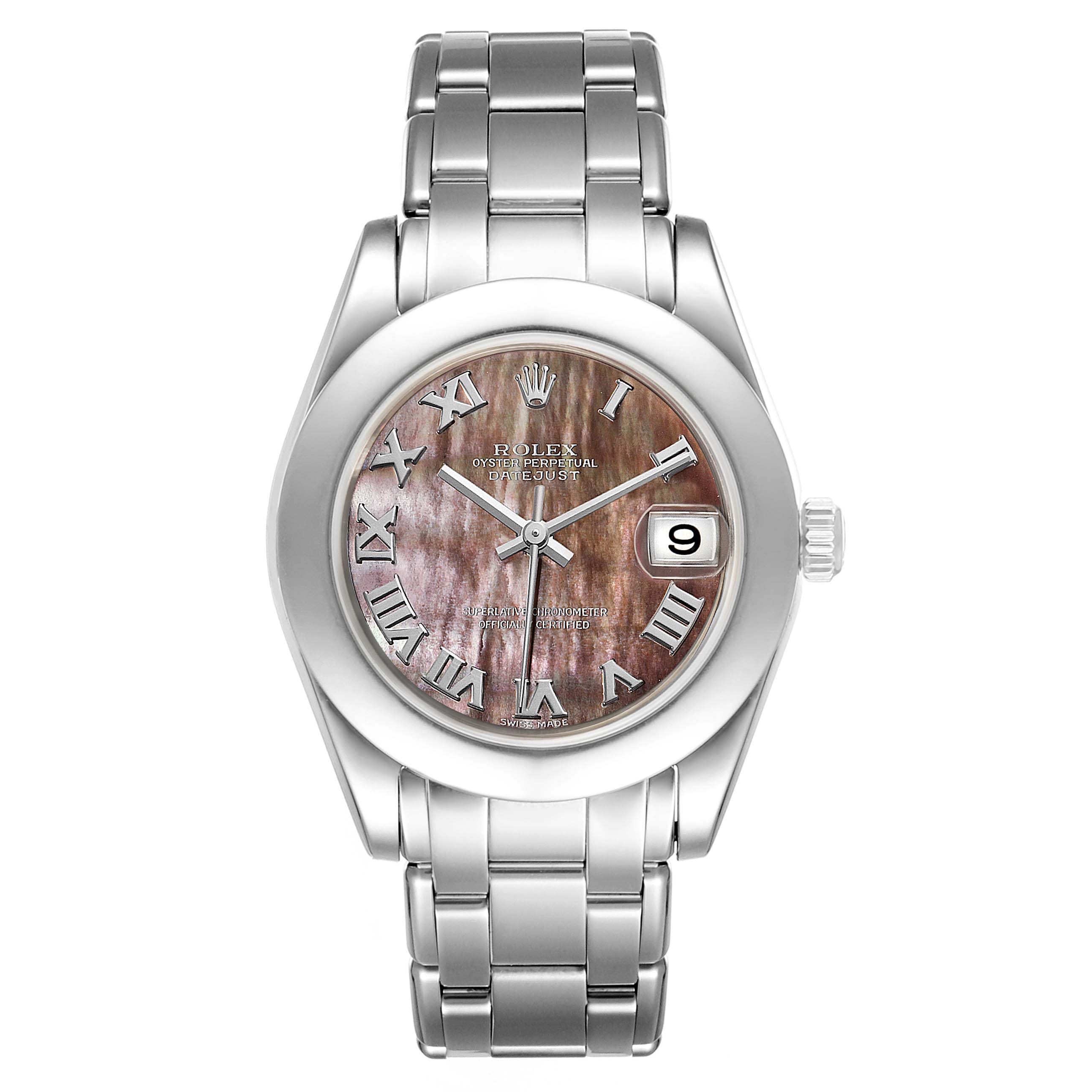 The image shows a frontal view of a Rolex Pearlmaster 81209 Women's White Gold Mother of Pearl Dial 81209 Women's White Gold Mother of Pearl Dial watch, displaying its face, bracelet, and date window.