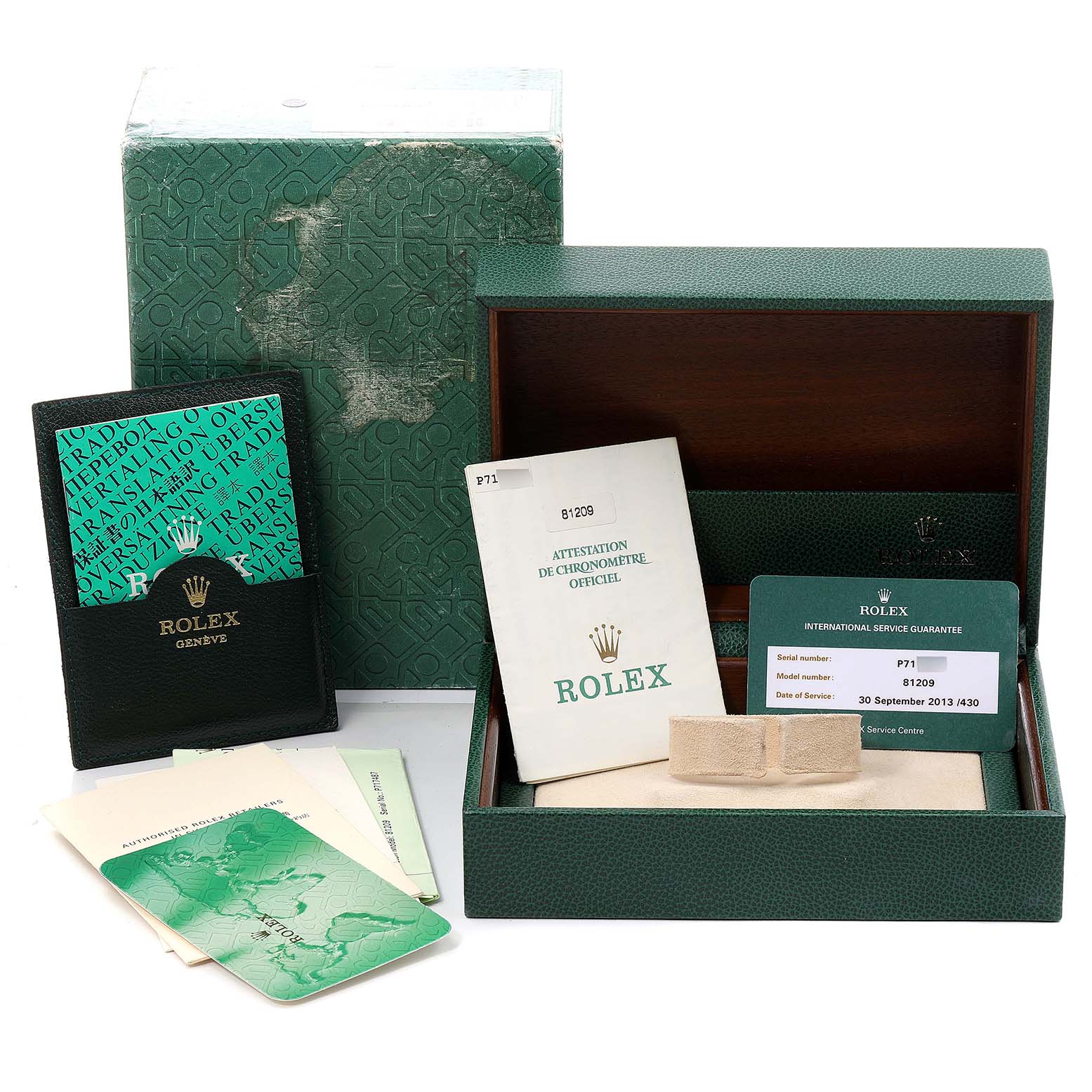 This image shows the packaging, warranty cards, and documentation for a Rolex Pearlmaster 81209 Women's White Gold Mother of Pearl Dial 81209 Women's White Gold Mother of Pearl Dial watch.