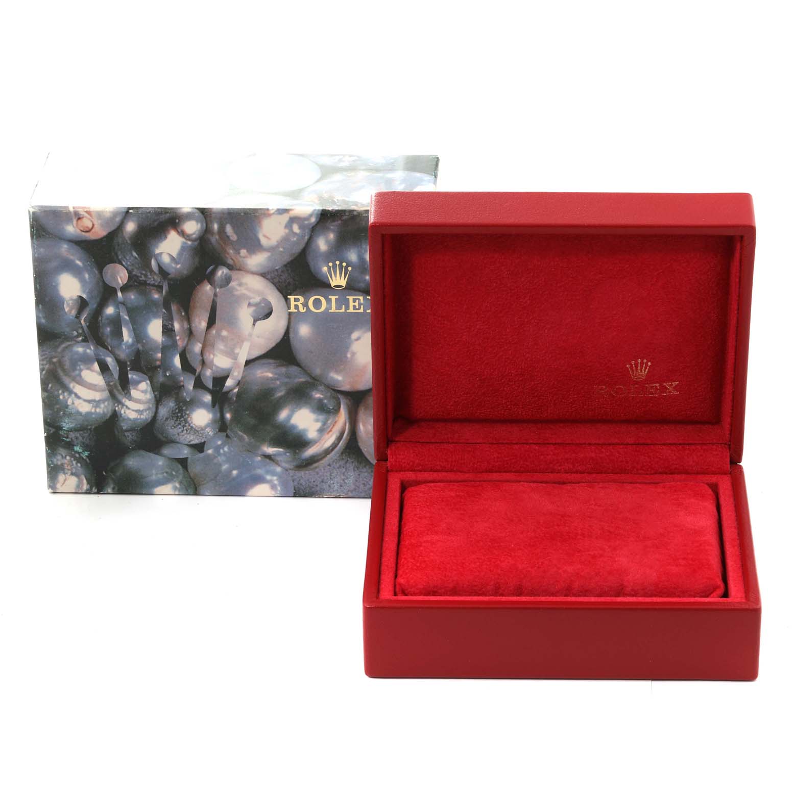 The image shows an opened red Rolex President 69138G Women
s Yellow Gold Champagne Dial 69138G Women
s Yellow Gold Champagne Dial model watch box alongside its outer packaging.