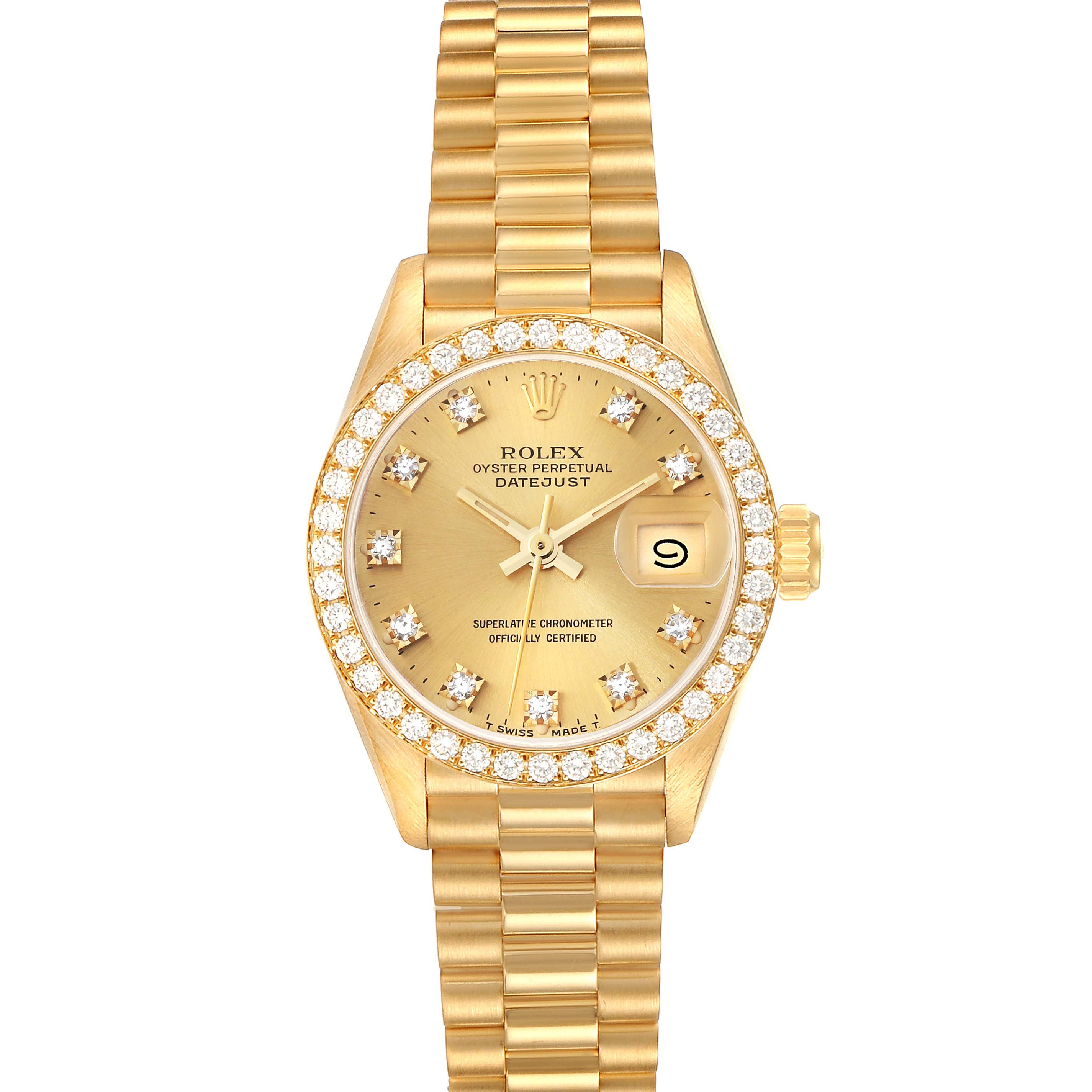 The image shows the Rolex President 69138G Women
s Yellow Gold Champagne Dial 69138G Women
s Yellow Gold Champagne Dial model watch from a front angle, highlighting its face, bezel, and bracelet.