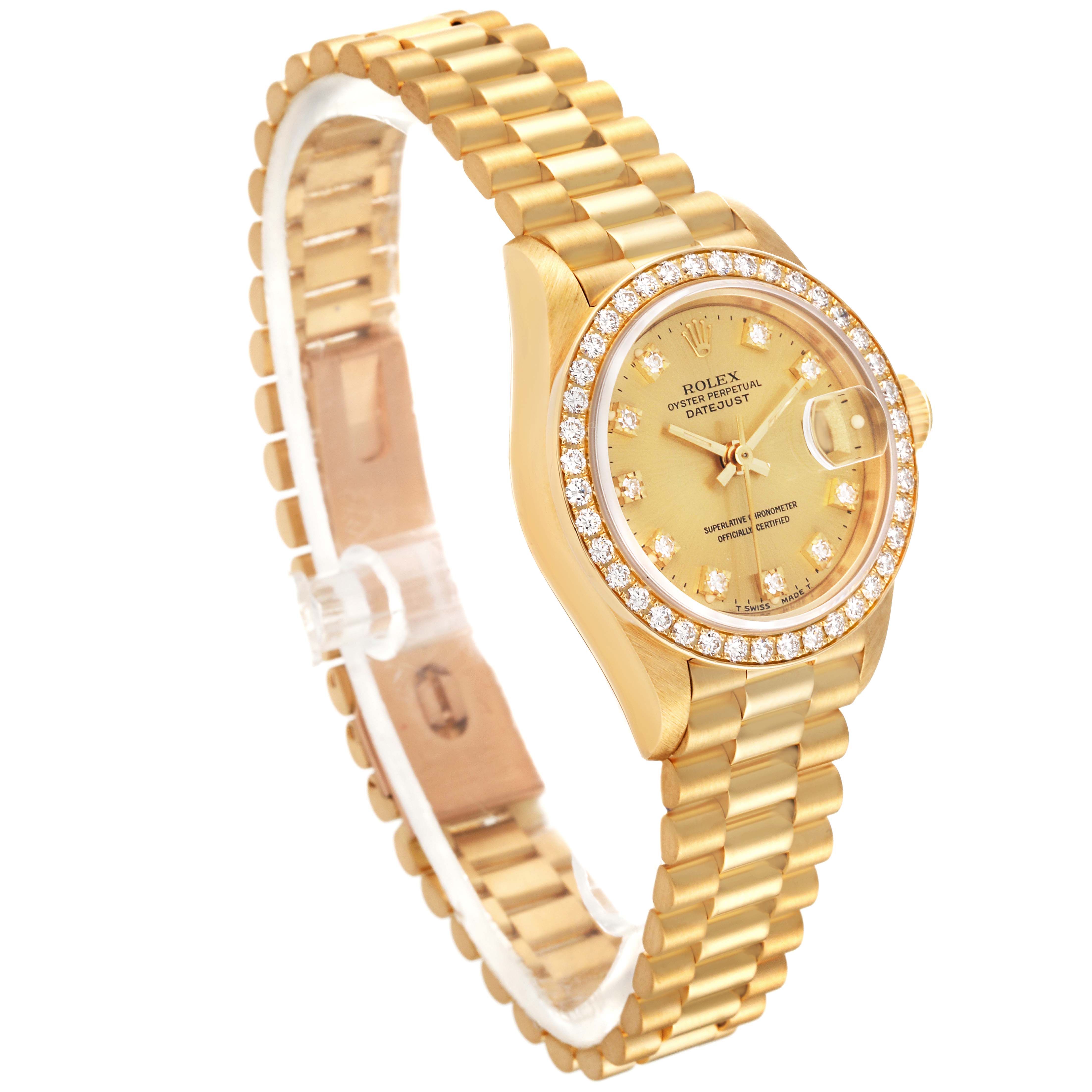 The Rolex President 69138G Women
s Yellow Gold Champagne Dial 69138G Women
s Yellow Gold Champagne Dial model is shown at a 3/4 angle, displaying the face, bracelet, and bezel with diamond accents.