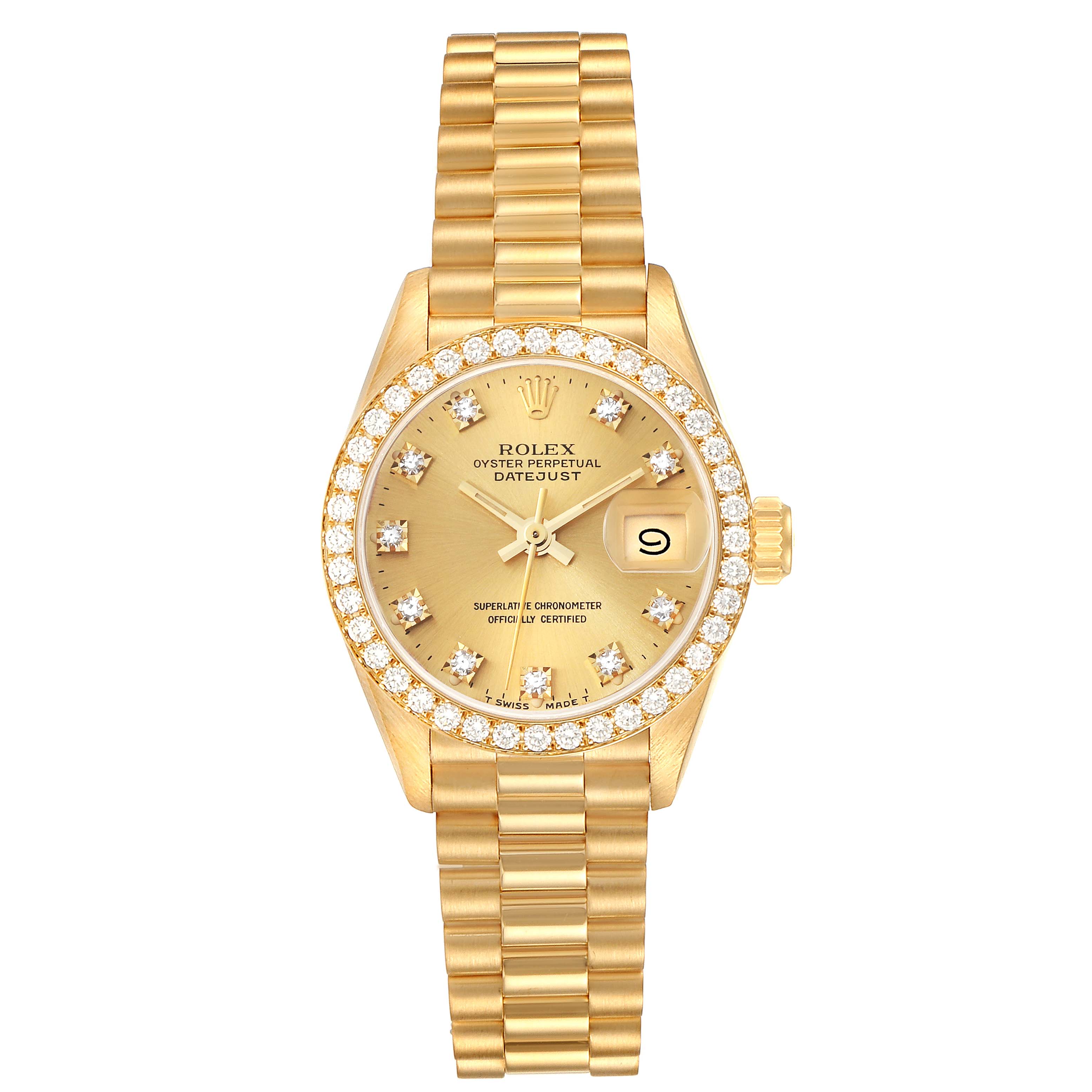 The image shows the front view of a Rolex President 69138G Women
s Yellow Gold Champagne Dial 69138G Women
s Yellow Gold Champagne Dial model watch with a gold bracelet and a diamond-encrusted bezel.