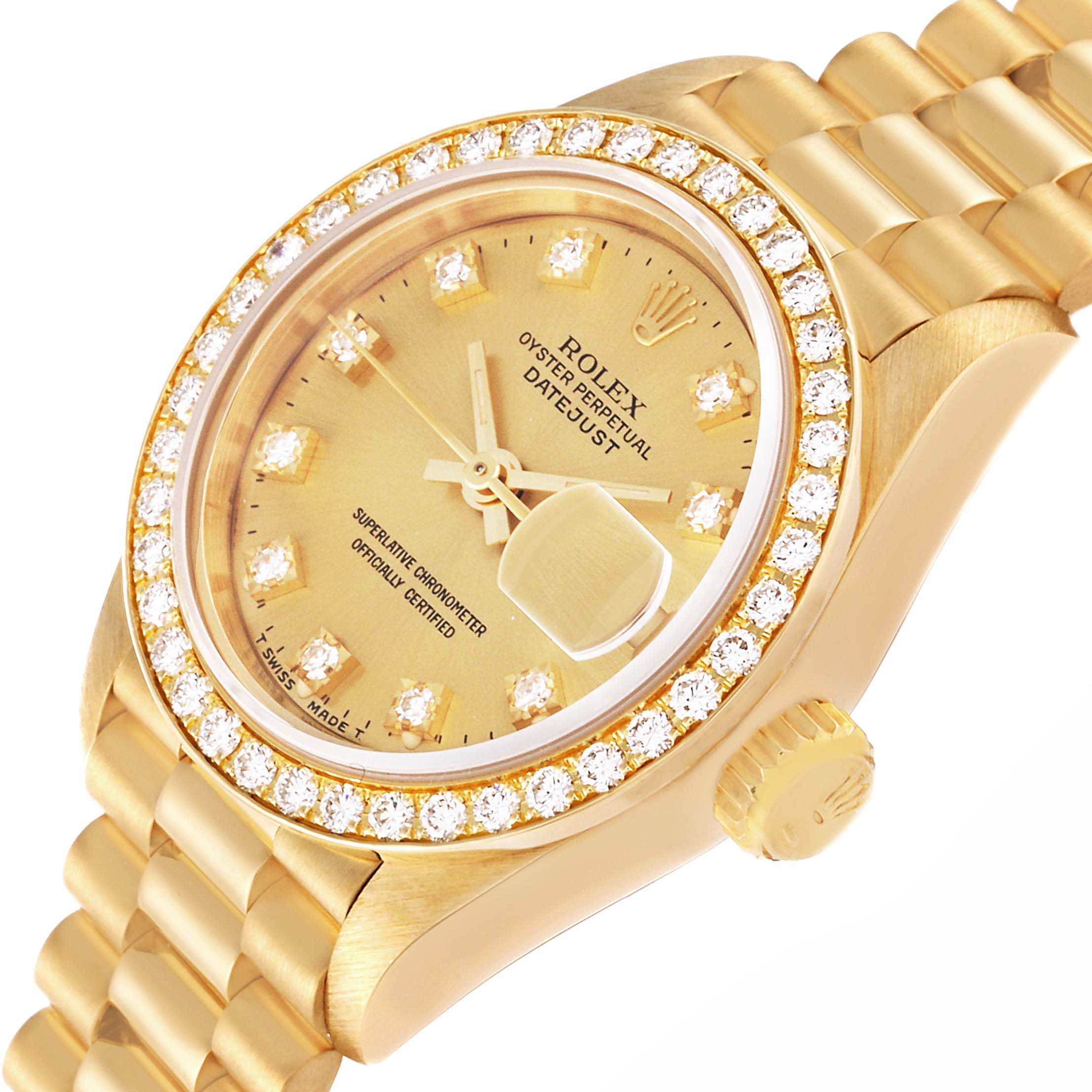 The image shows a close-up of the Rolex President 69138G Women
s Yellow Gold Champagne Dial 69138G Women
s Yellow Gold Champagne Dial Datejust watch, highlighting the gold case, diamond bezel, and part of the bracelet.