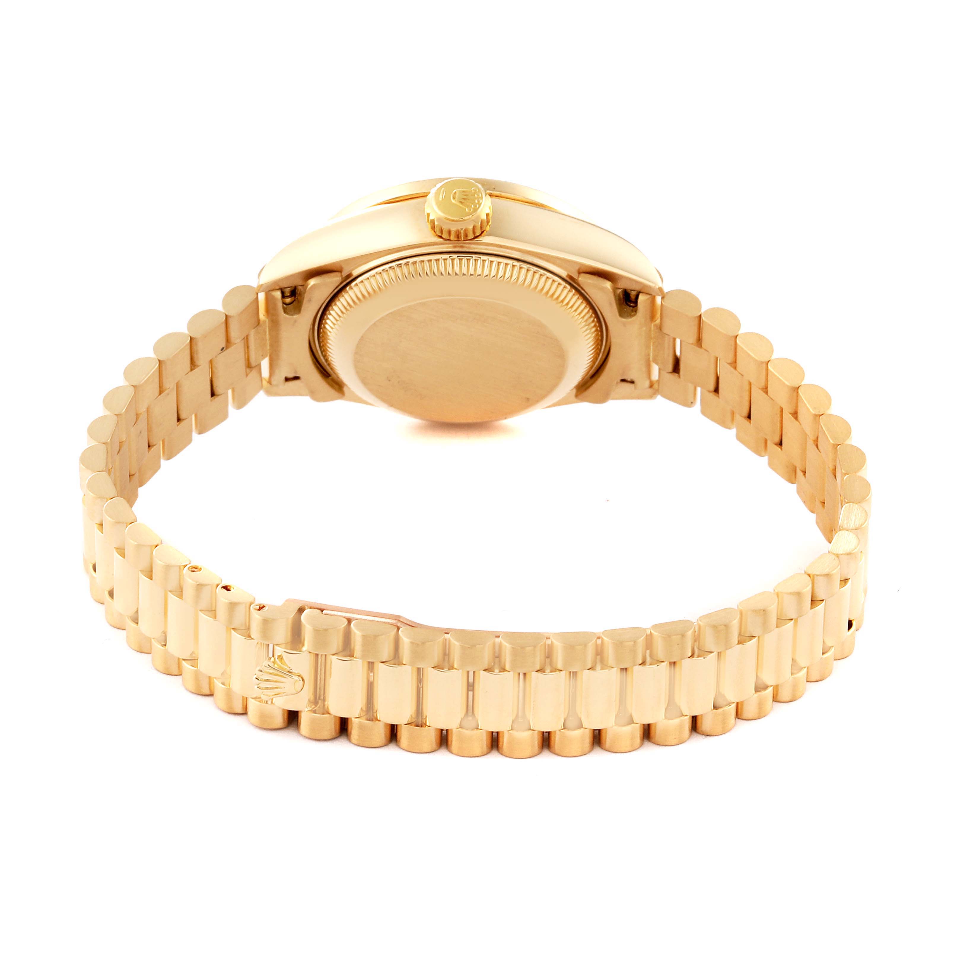 The image shows the back and bracelet of the Rolex President 69138G Women
s Yellow Gold Champagne Dial 69138G Women
s Yellow Gold Champagne Dial model watch, highlighting its clasp and case back.