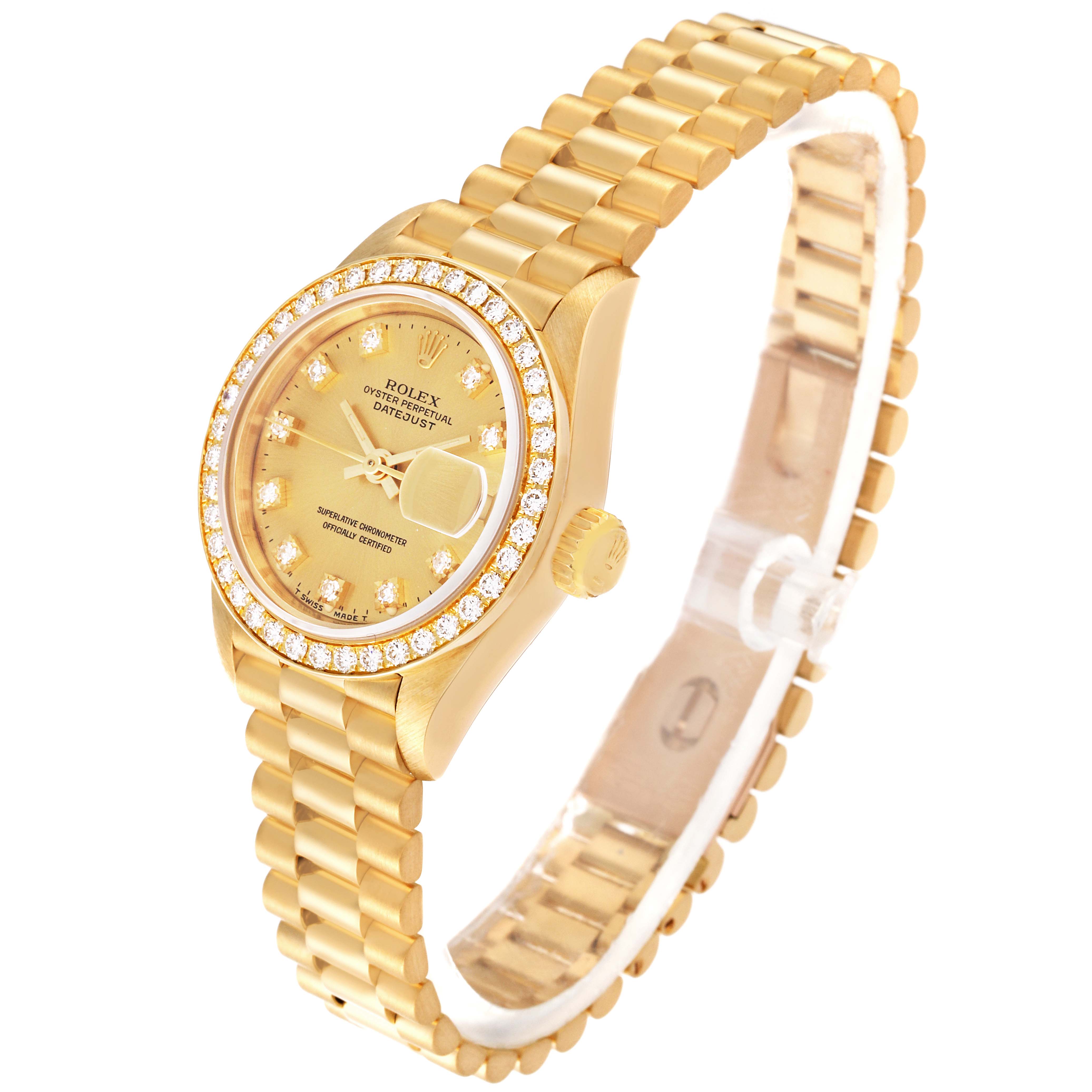 The Rolex President 69138G Women
s Yellow Gold Champagne Dial 69138G Women
s Yellow Gold Champagne Dial model watch is shown at a slight angle, revealing the bezel, dial, case, bracelet, and crown.