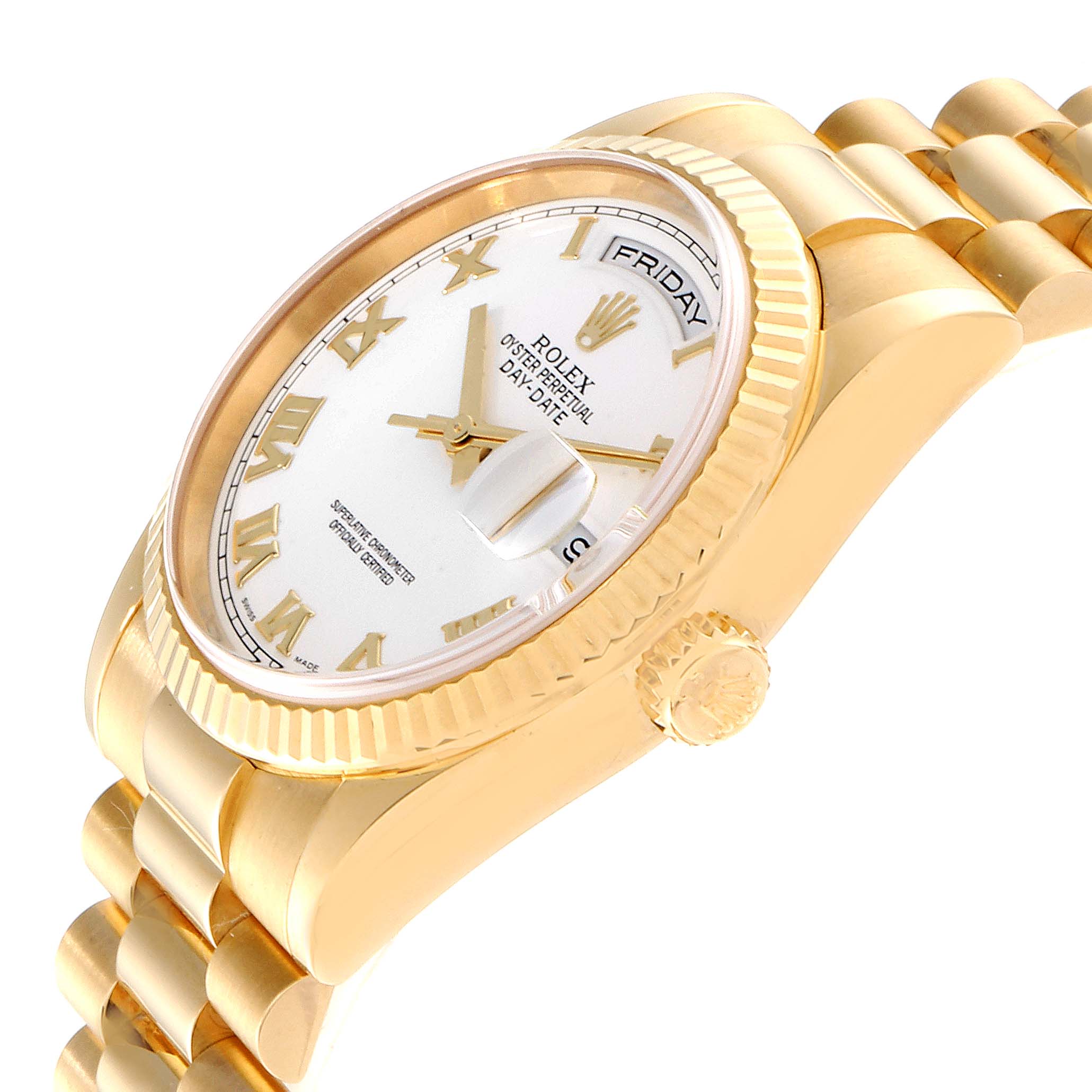 This image shows a Rolex President 118238 Men
s Yellow Gold White Dial 118238 Men
s Yellow Gold White Dial model watch at a slight side angle, highlighting the gold case, crown, bezel, bracelet, and dial.