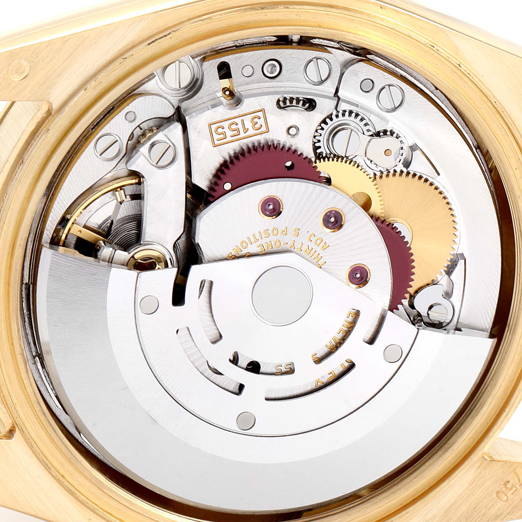 The image shows the internal mechanical movement of the Rolex President 118238 Men
s Yellow Gold White Dial 118238 Men
s Yellow Gold White Dial model watch, viewed from the back.