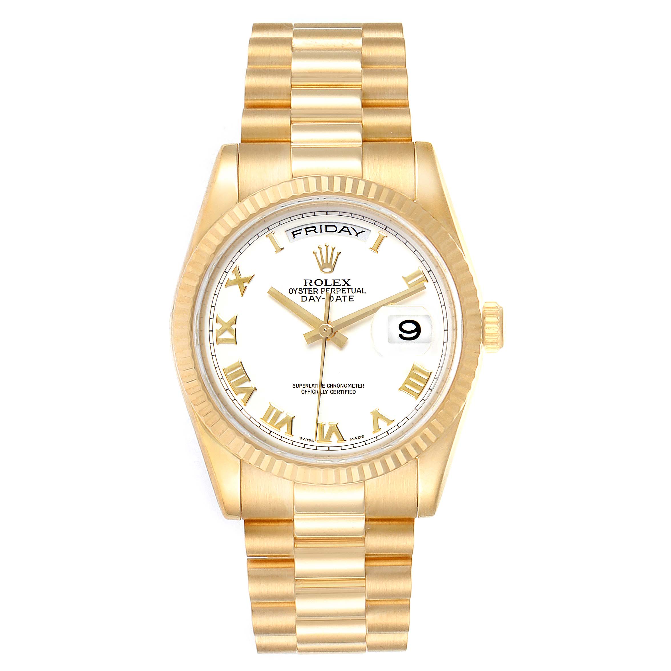 The image shows a front view of a Rolex President 118238 Men
s Yellow Gold White Dial 118238 Men
s Yellow Gold White Dial model watch, featuring its white dial, gold bezel, and bracelet.