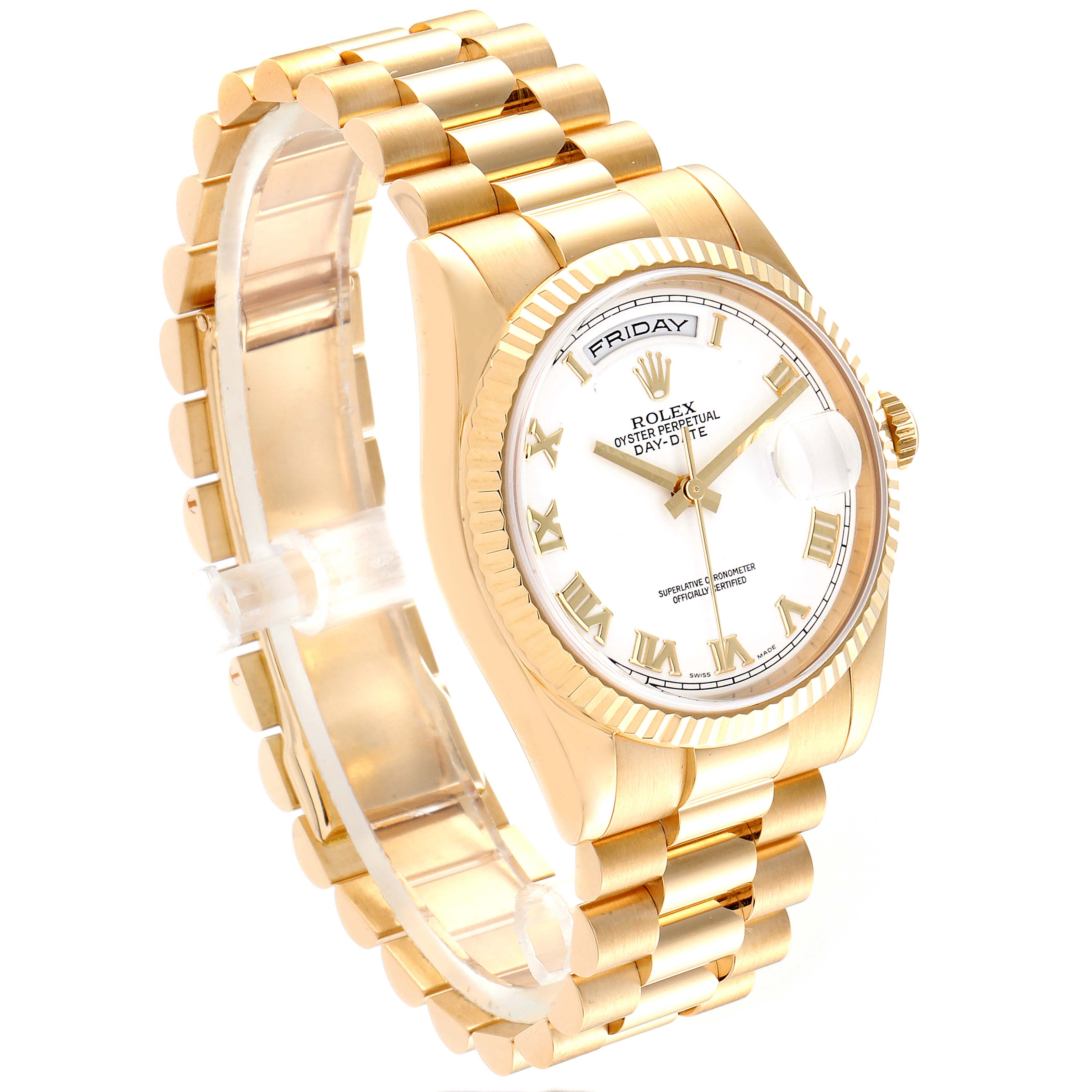 The Rolex President 118238 Men
s Yellow Gold White Dial 118238 Men
s Yellow Gold White Dial model watch is shown at a 3/4 angle, displaying its gold bracelet, white dial, and fluted bezel.