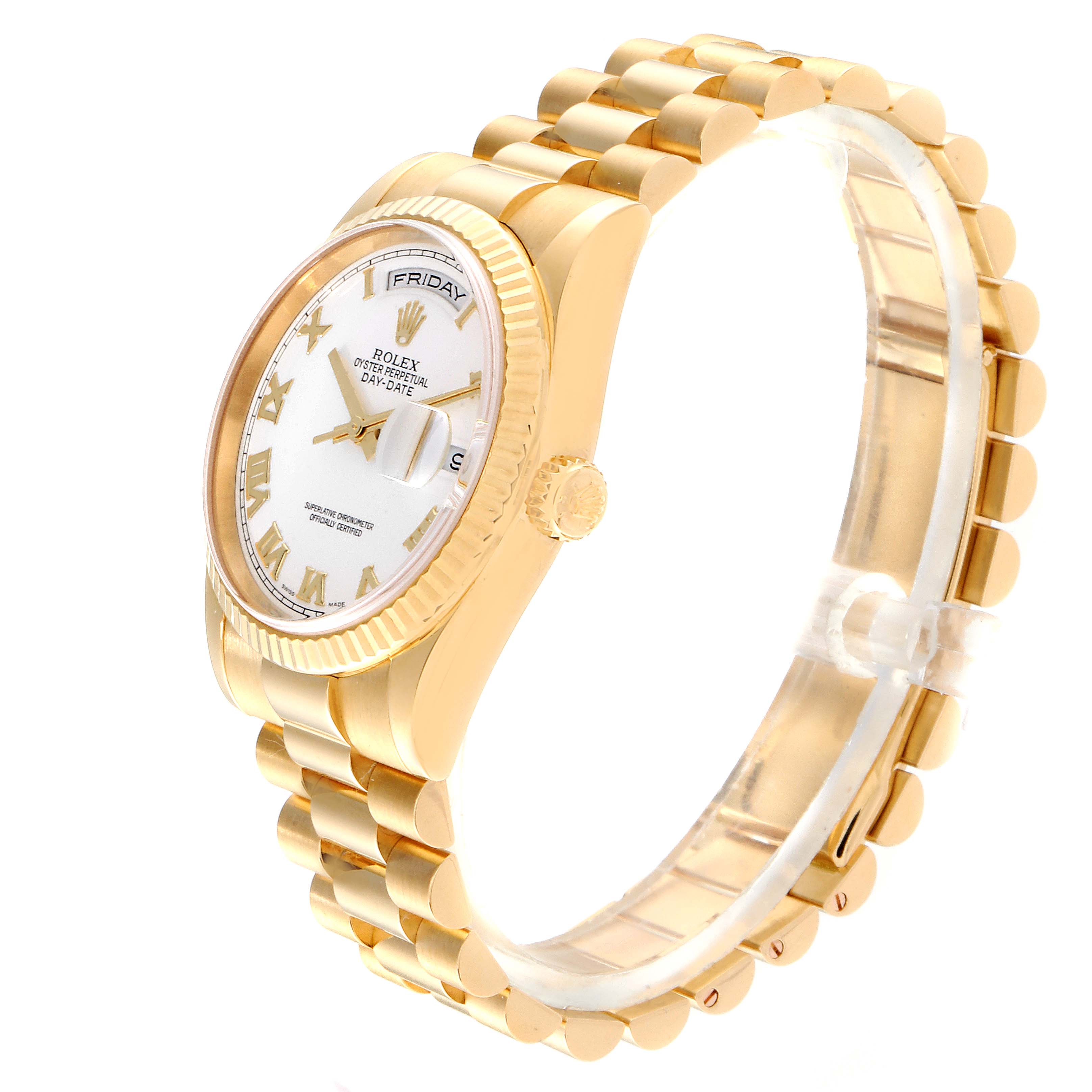 The Rolex President 118238 Men
s Yellow Gold White Dial 118238 Men
s Yellow Gold White Dial model watch is shown from a three-quarter angle, highlighting the gold bracelet, crown, and white dial.