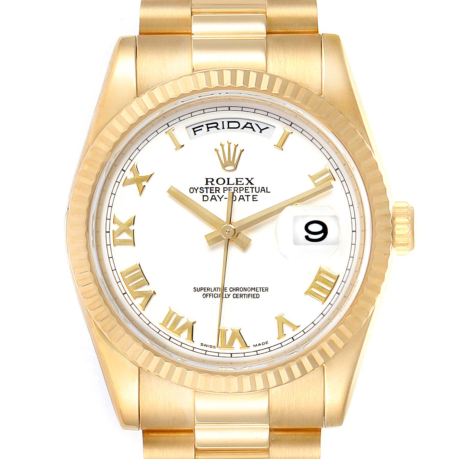 This image shows a front view of a Rolex President 118238 Men
s Yellow Gold White Dial 118238 Men
s Yellow Gold White Dial model watch, highlighting the dial, fluted bezel, crown, and bracelet.