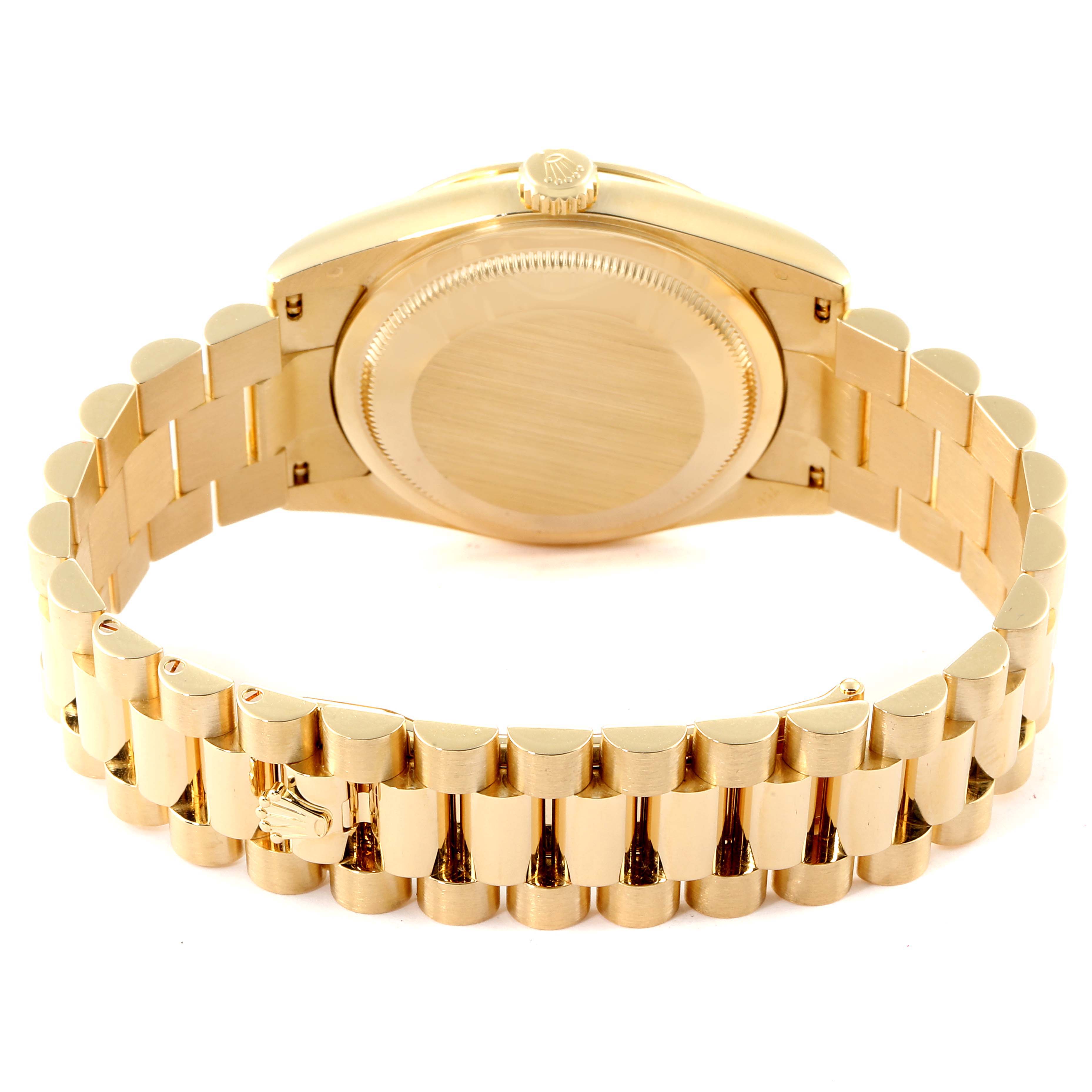 The image shows the back view of a Rolex President 118238 Men
s Yellow Gold White Dial 118238 Men
s Yellow Gold White Dial model watch including its case back and bracelet.