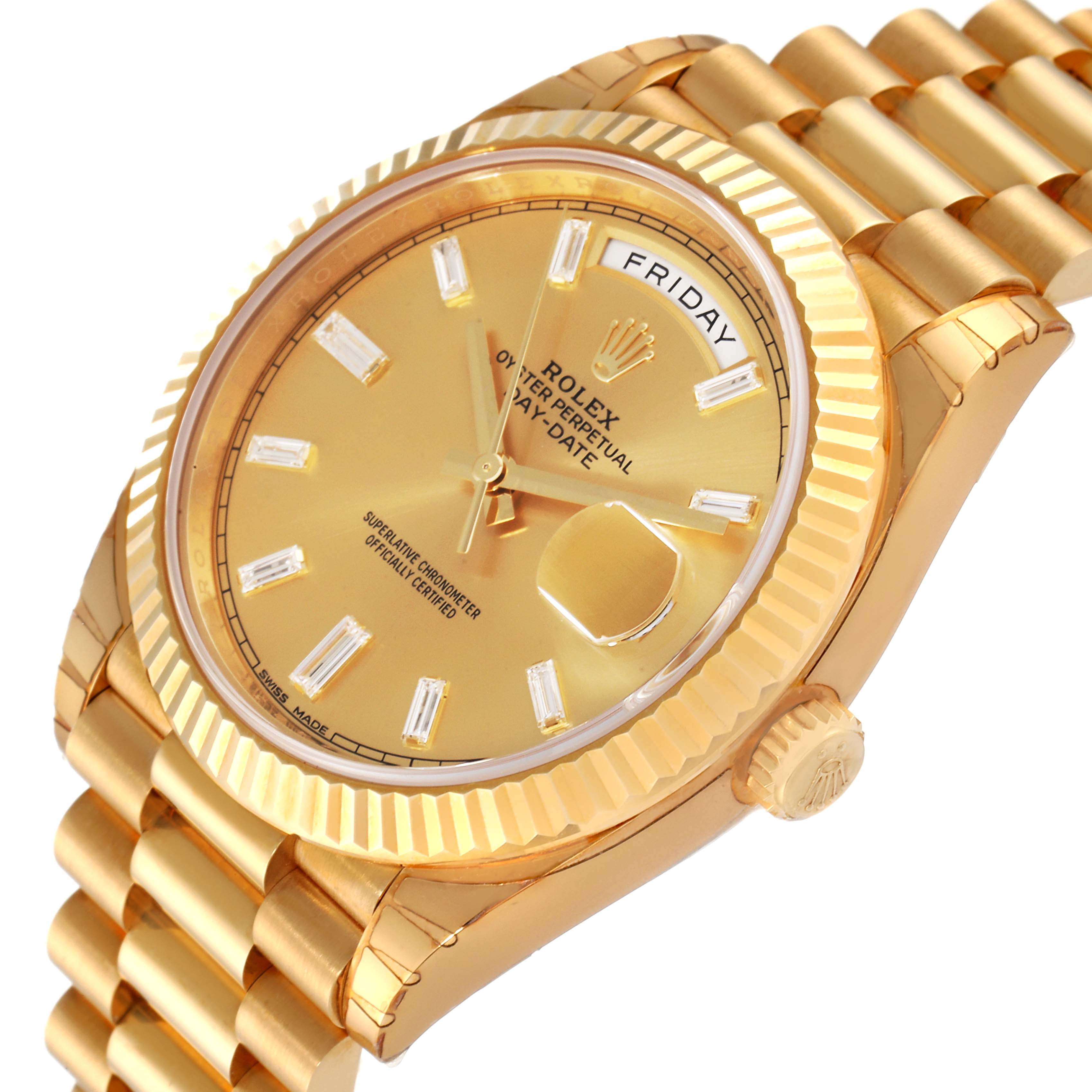 The image shows a gold Rolex President 228238 Men's Yellow Gold Champagne Dial 228238 Men's Yellow Gold Champagne Dial Day-Date watch at an angle that highlights its face, bezel, crown, and part of its bracelet.