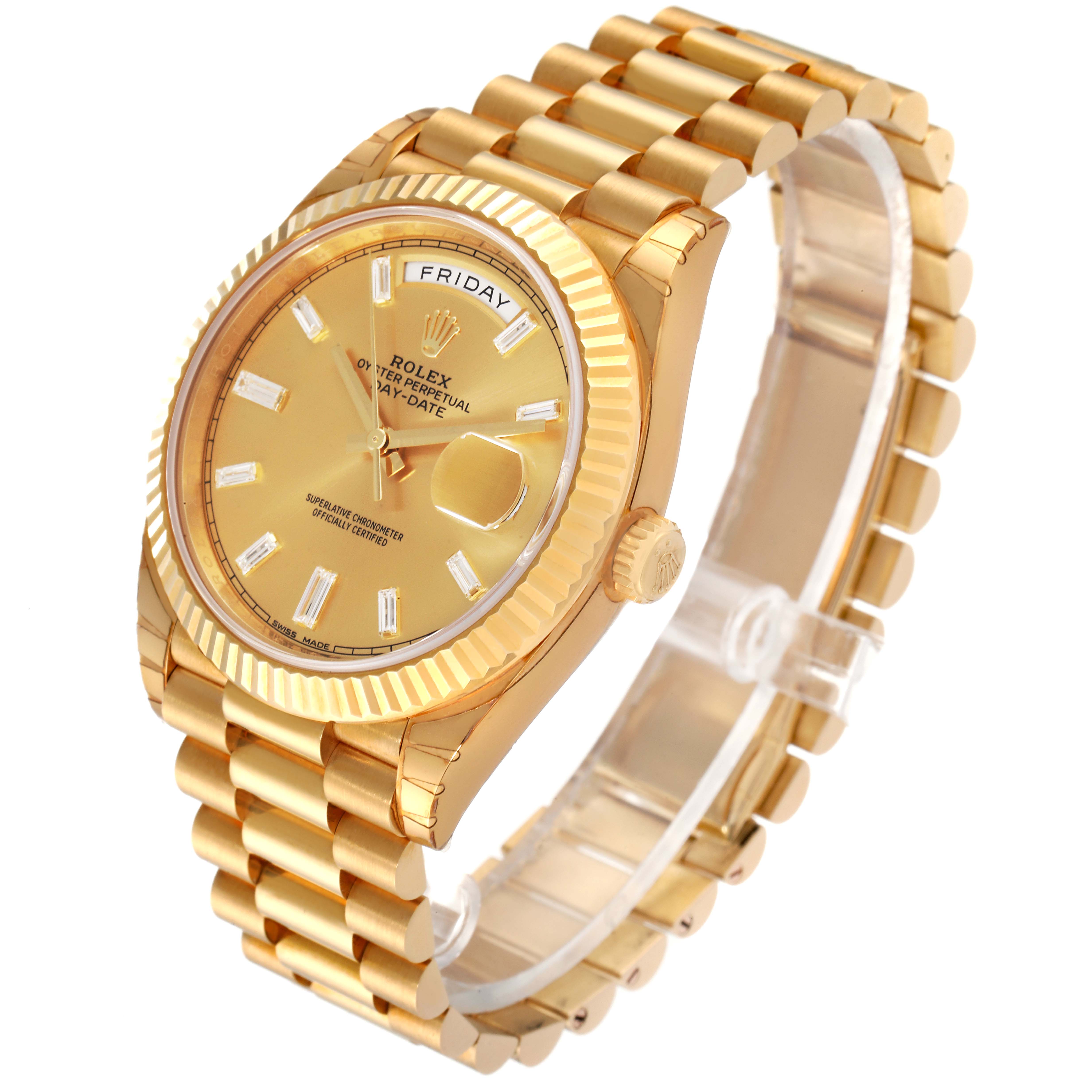 The image shows a Rolex President 228238 Men's Yellow Gold Champagne Dial 228238 Men's Yellow Gold Champagne Dial model watch at a slight angle, highlighting the dial, bracelet, and fluted bezel.