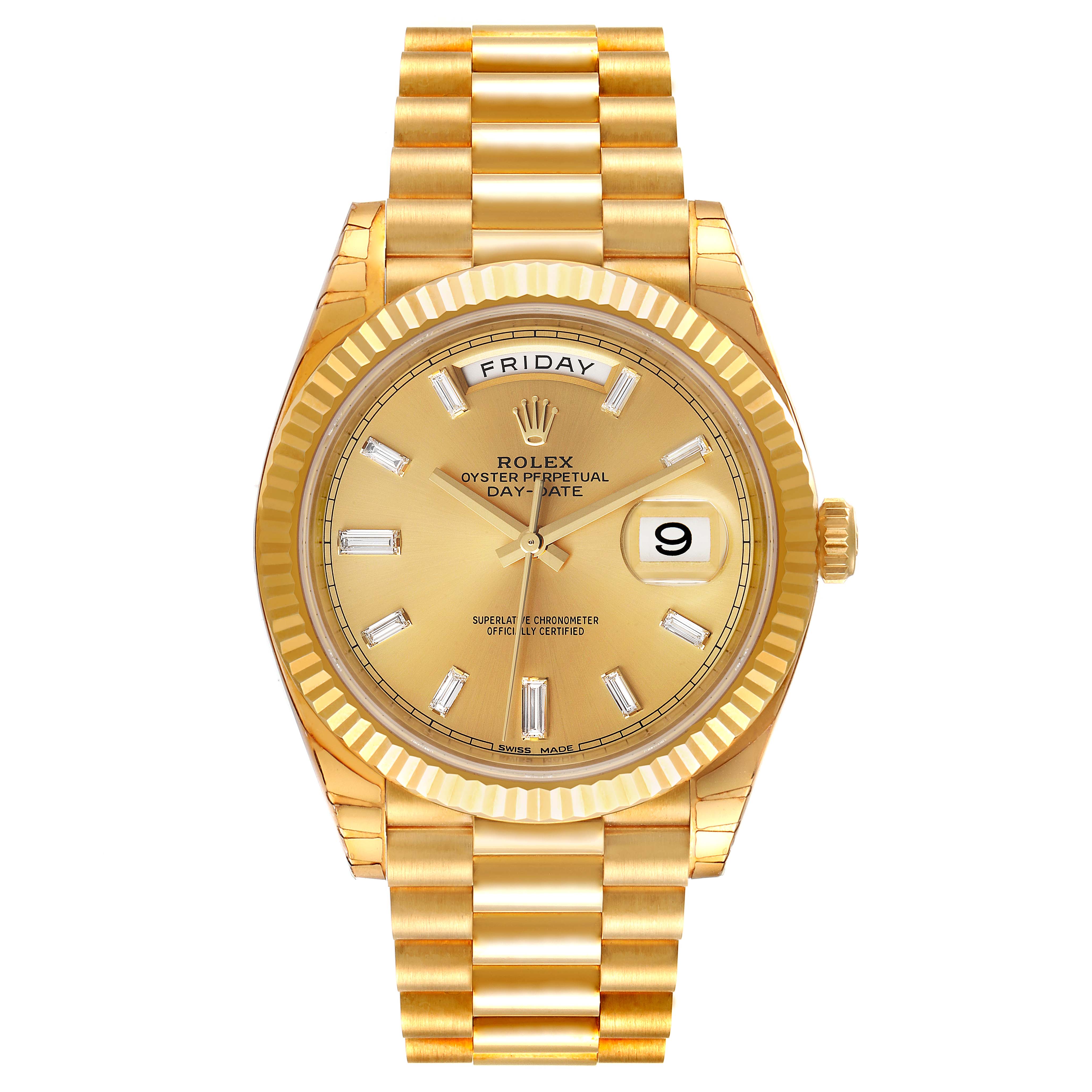 The image shows a front view of the Rolex President 228238 Men's Yellow Gold Champagne Dial 228238 Men's Yellow Gold Champagne Dial model, featuring the dial, fluted bezel, bracelet, day display, and date window.
