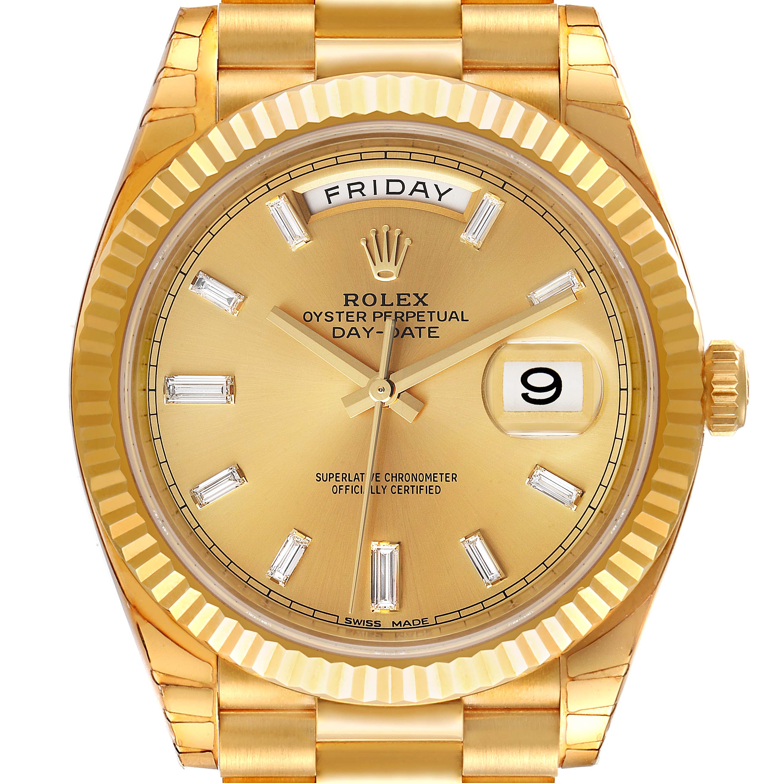 This is a front view of a Rolex President 228238 Men's Yellow Gold Champagne Dial 228238 Men's Yellow Gold Champagne Dial model showcasing the dial, hands, day and date indicators, and part of the bracelet.