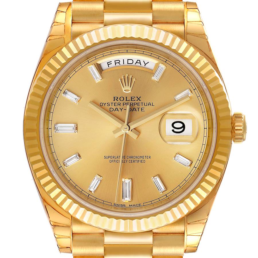 This is a front view of a Rolex President model showcasing the dial, hands, day and date indicators, and part of the bracelet.