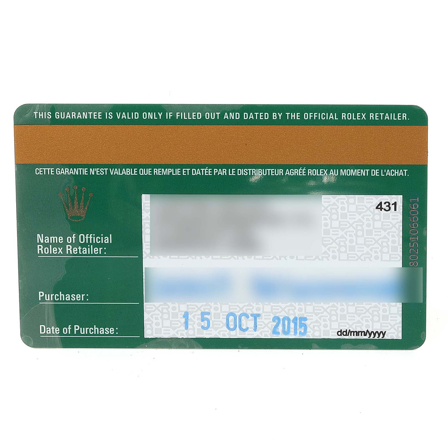 The image shows a warranty card for the Rolex President 228238 Men's Yellow Gold Champagne Dial 228238 Men's Yellow Gold Champagne Dial model, featuring purchase details and retailer information.