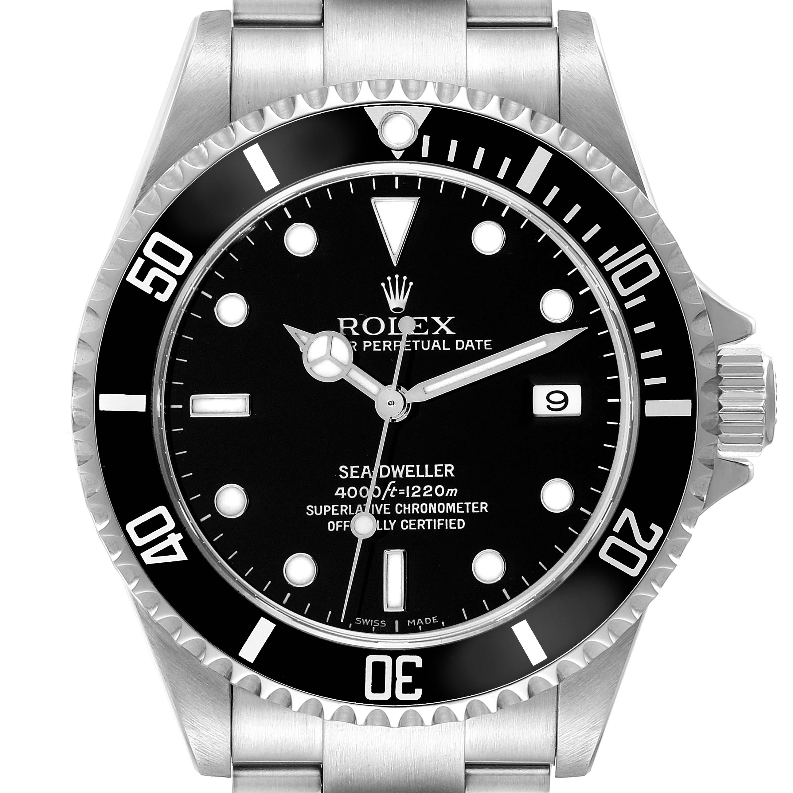 This image shows the front view of a Rolex Sea-Dweller 16600 Men's Stainless Steel Black Dial 16600 Men's Stainless Steel Black Dial watch, highlighting its dial, bezel, and part of the bracelet.