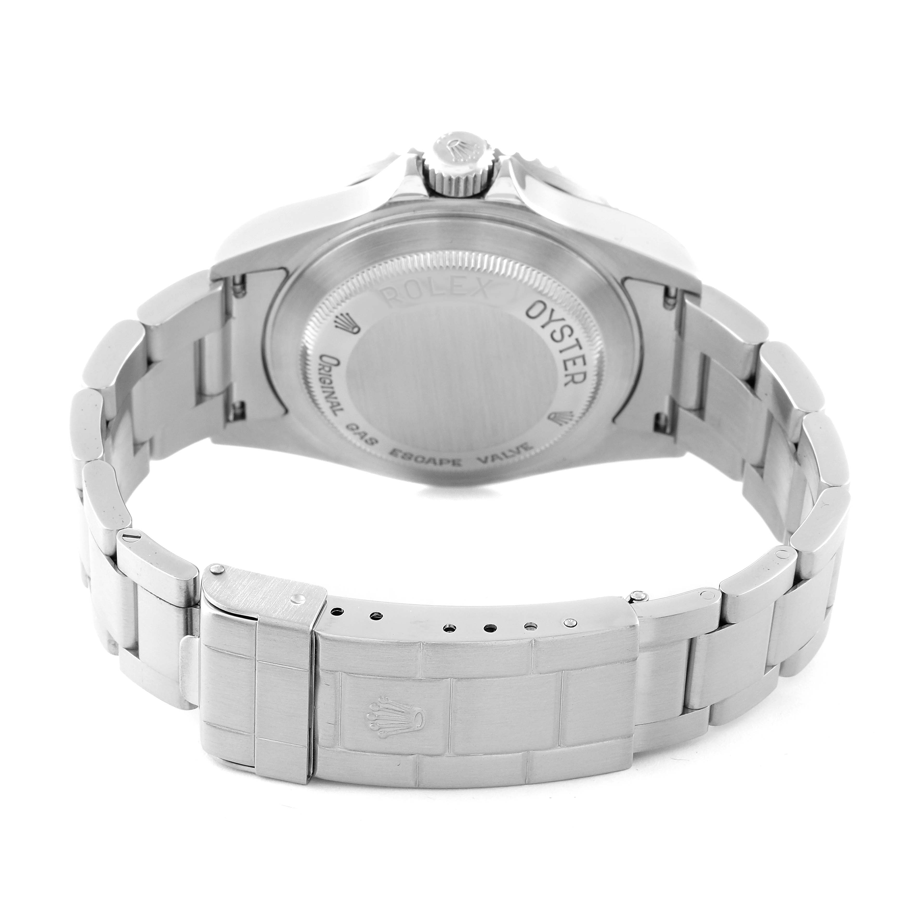 The image shows the Rolex Sea-Dweller 16600 Men's Stainless Steel Black Dial 16600 Men's Stainless Steel Black Dial watch from the back, highlighting the case back and bracelet clasp.