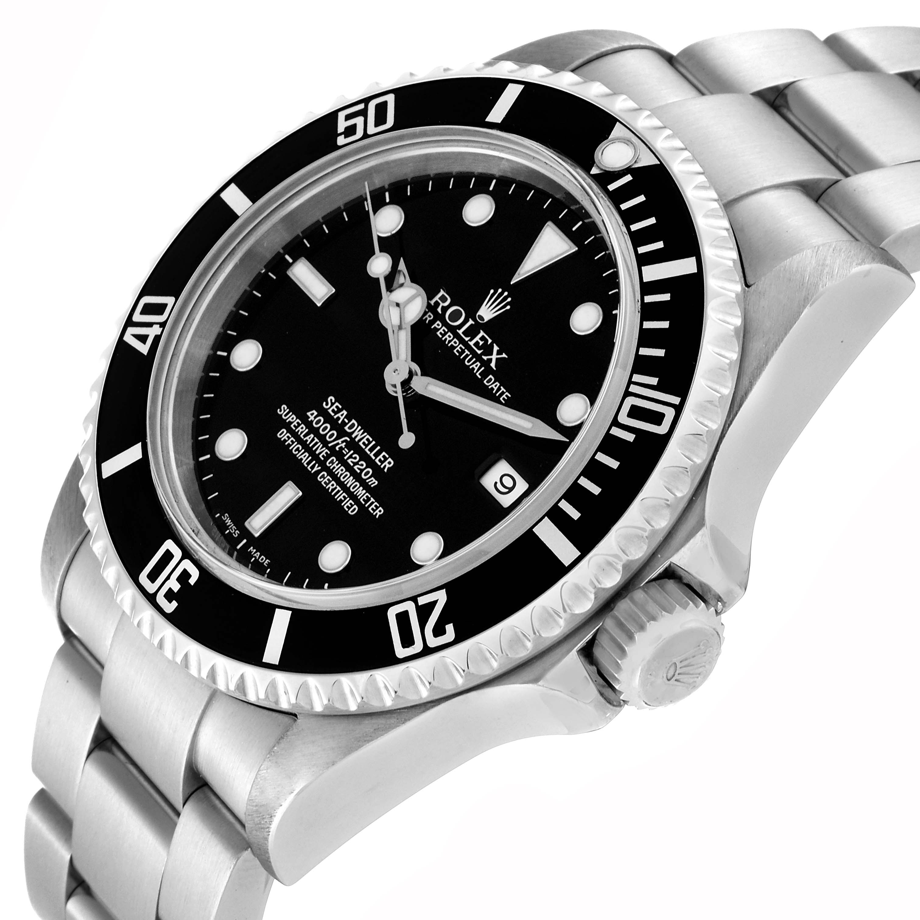 The image shows a close-up angled view of the Rolex Sea-Dweller 16600 Men's Stainless Steel Black Dial 16600 Men's Stainless Steel Black Dial watch, highlighting the dial, bezel, and part of the bracelet.