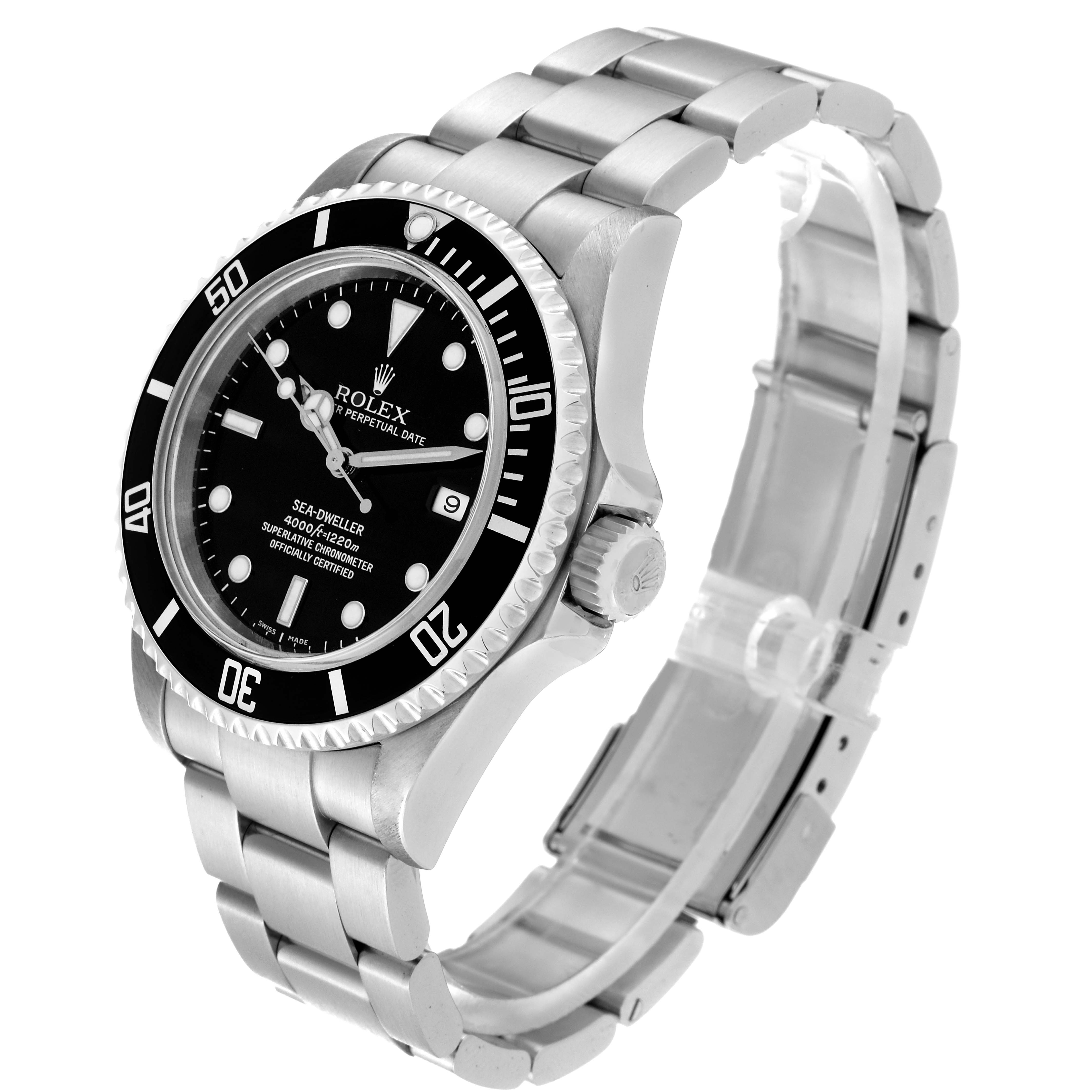 This image shows a Rolex Sea-Dweller 16600 Men's Stainless Steel Black Dial 16600 Men's Stainless Steel Black Dial watch at a slight angle, displaying the face, bezel, crown, and stainless steel bracelet.