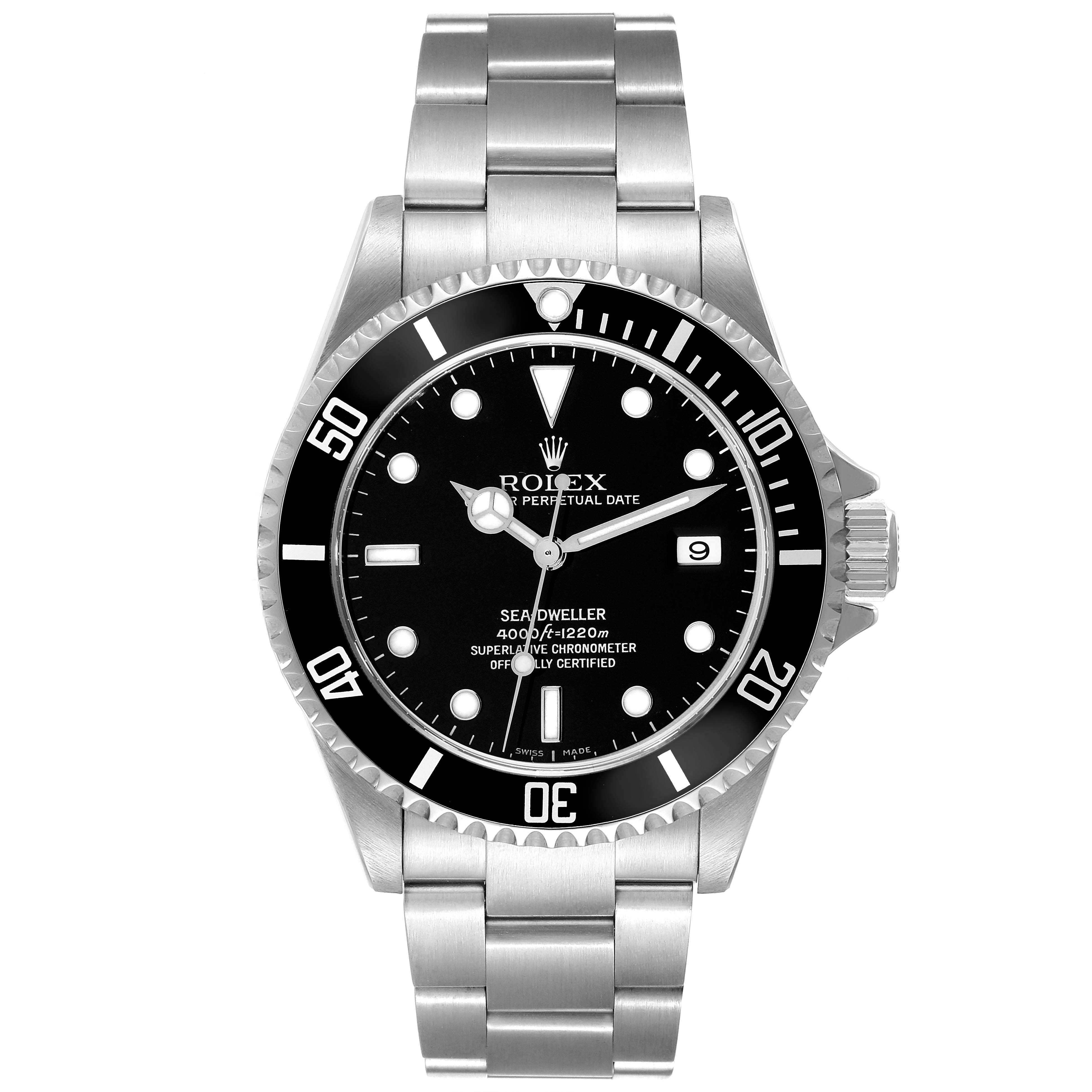 The image shows a front view of the Rolex Sea-Dweller 16600 Men's Stainless Steel Black Dial 16600 Men's Stainless Steel Black Dial watch, displaying the dial, bezel, case, and bracelet.