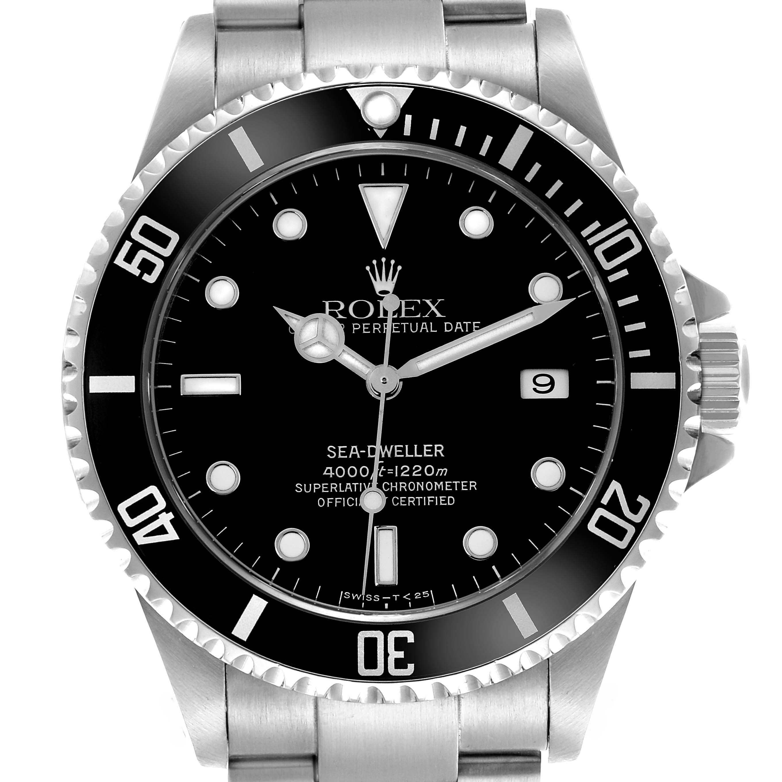 The image shows a front view of the Rolex Sea-Dweller 16600 Men's Stainless Steel Black Dial 16600 Men's Stainless Steel Black Dial watch, highlighting the dial, bezel, and part of the bracelet.