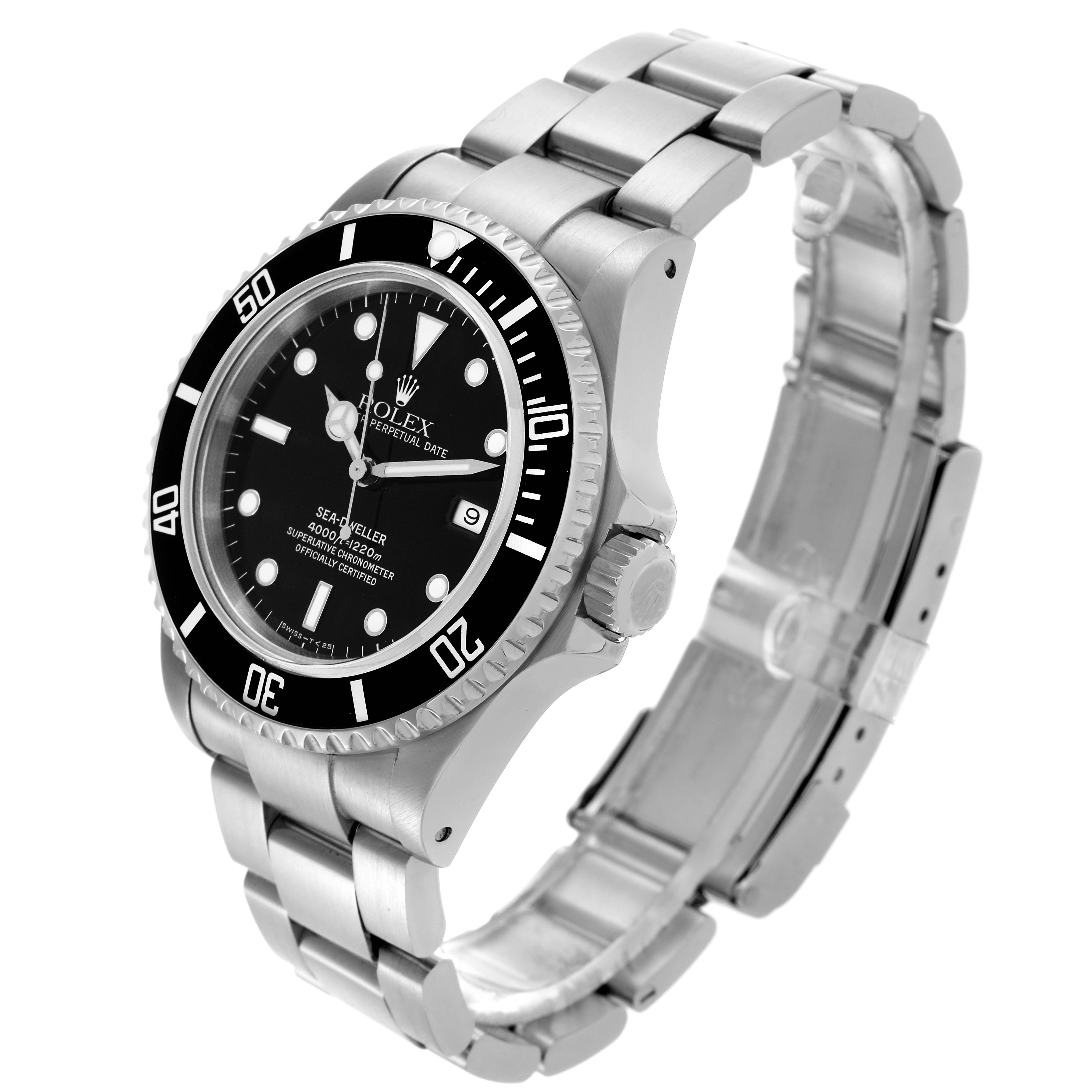 The Rolex Sea-Dweller 16600 Men's Stainless Steel Black Dial 16600 Men's Stainless Steel Black Dial watch is shown at a three-quarter angle, highlighting the dial, bezel, and bracelet.