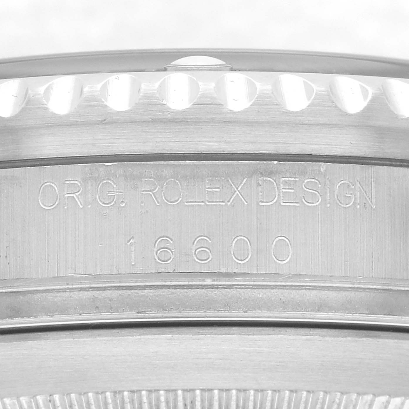 The image shows a close-up of the engraving on the side of the Rolex Sea-Dweller 16600 Men's Stainless Steel Black Dial 16600 Men's Stainless Steel Black Dial 16600 case.